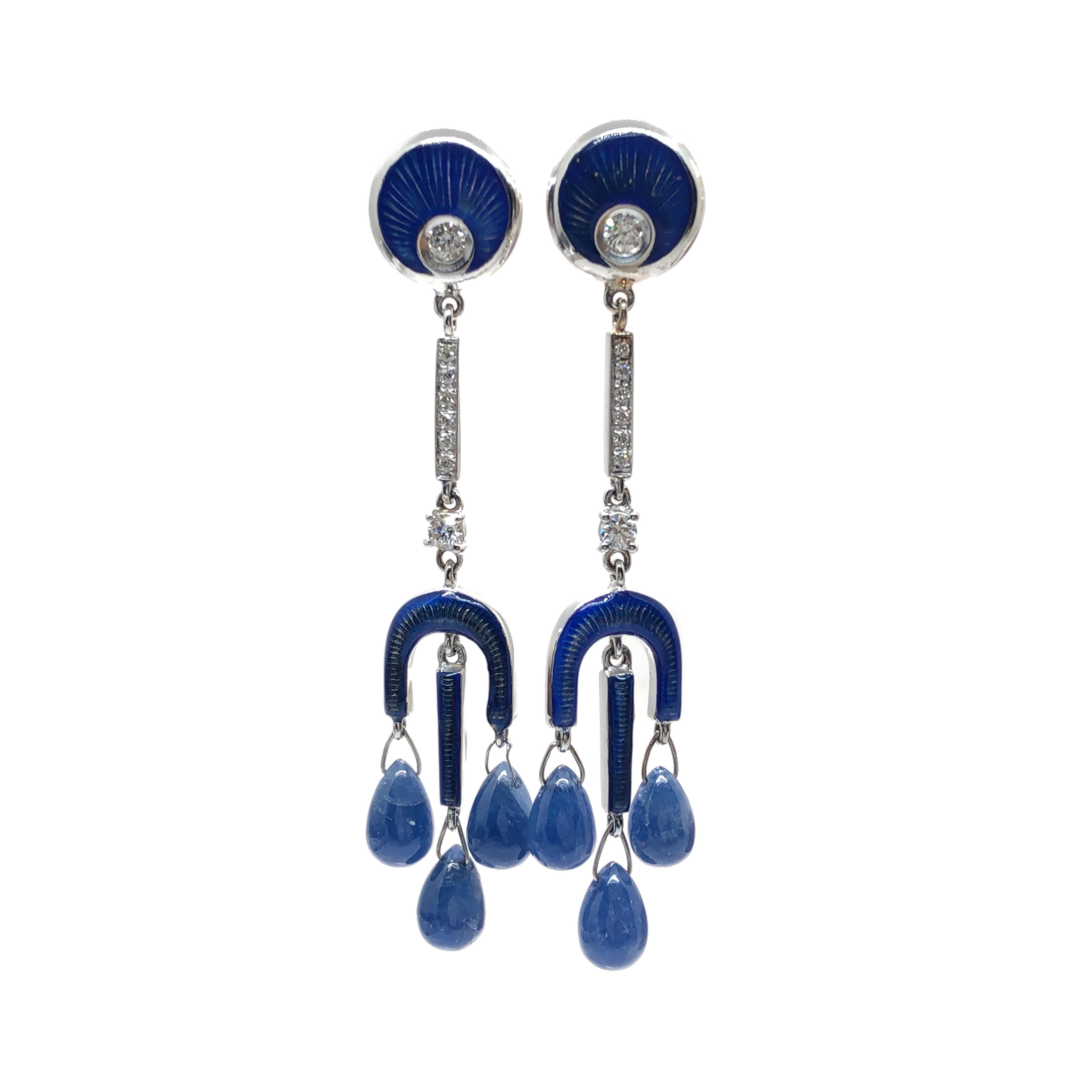 Art Deco Diamond Blue Sapphire Drop Champlevé Hand Enameled Chandelier Earrings
