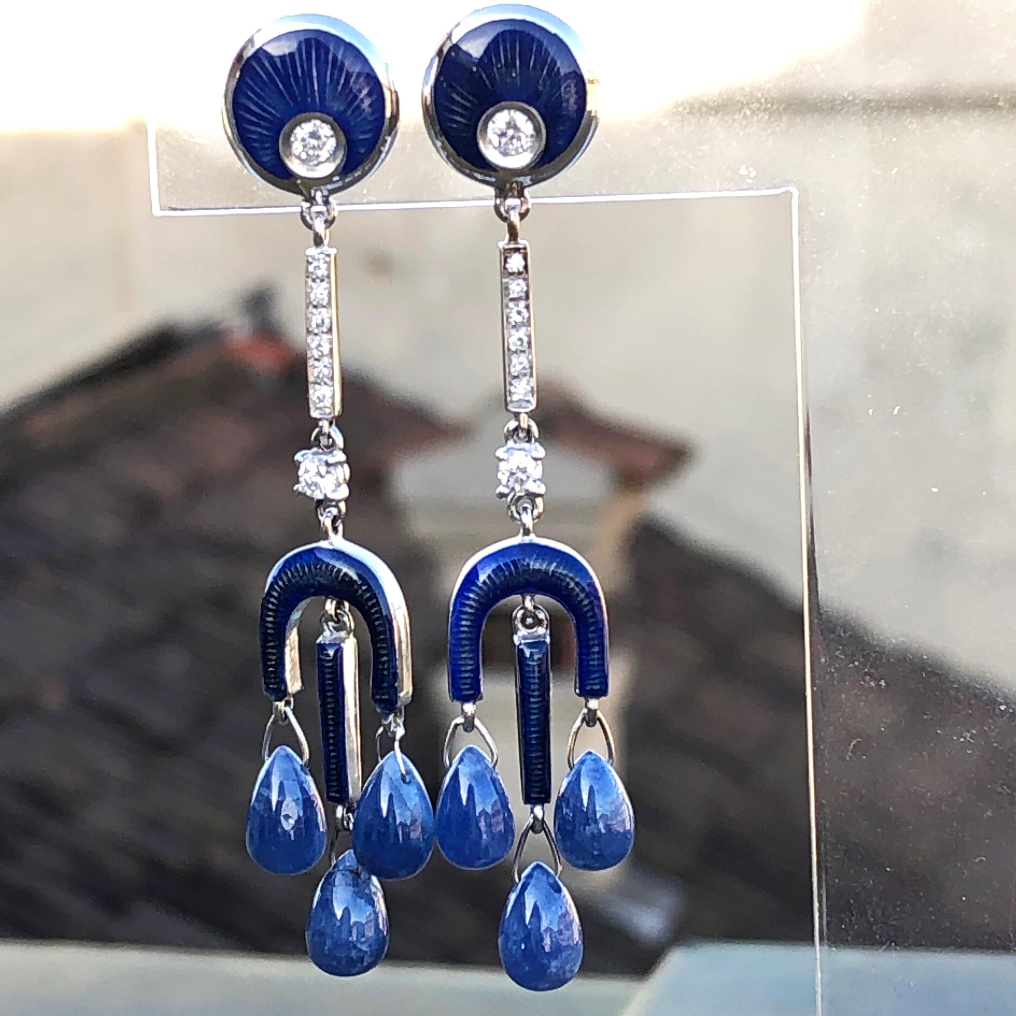 Women's Diamond Blue Sapphire Drop Champlevé Hand Enameled Chandelier Earrings