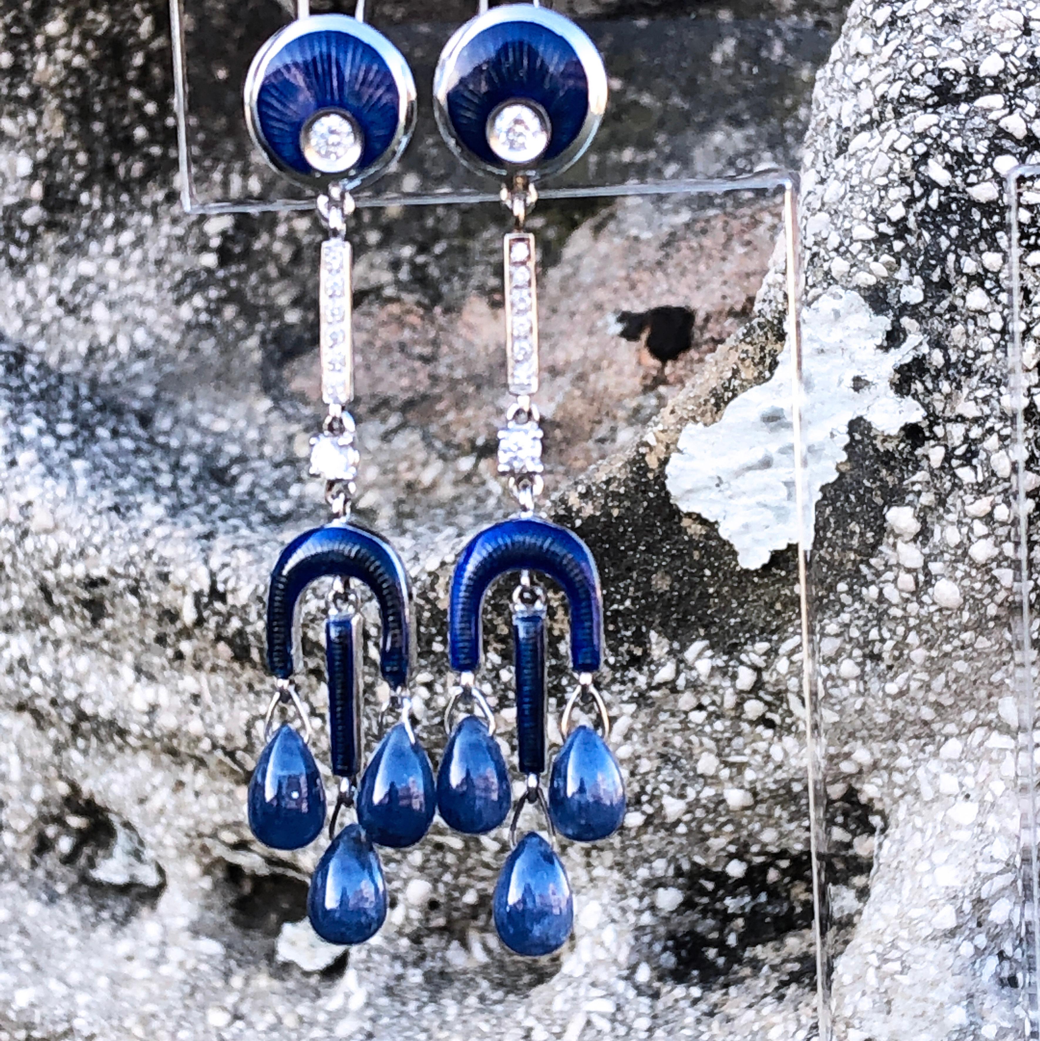 Diamond Blue Sapphire Drop Champlevé Hand Enameled Chandelier Earrings 1