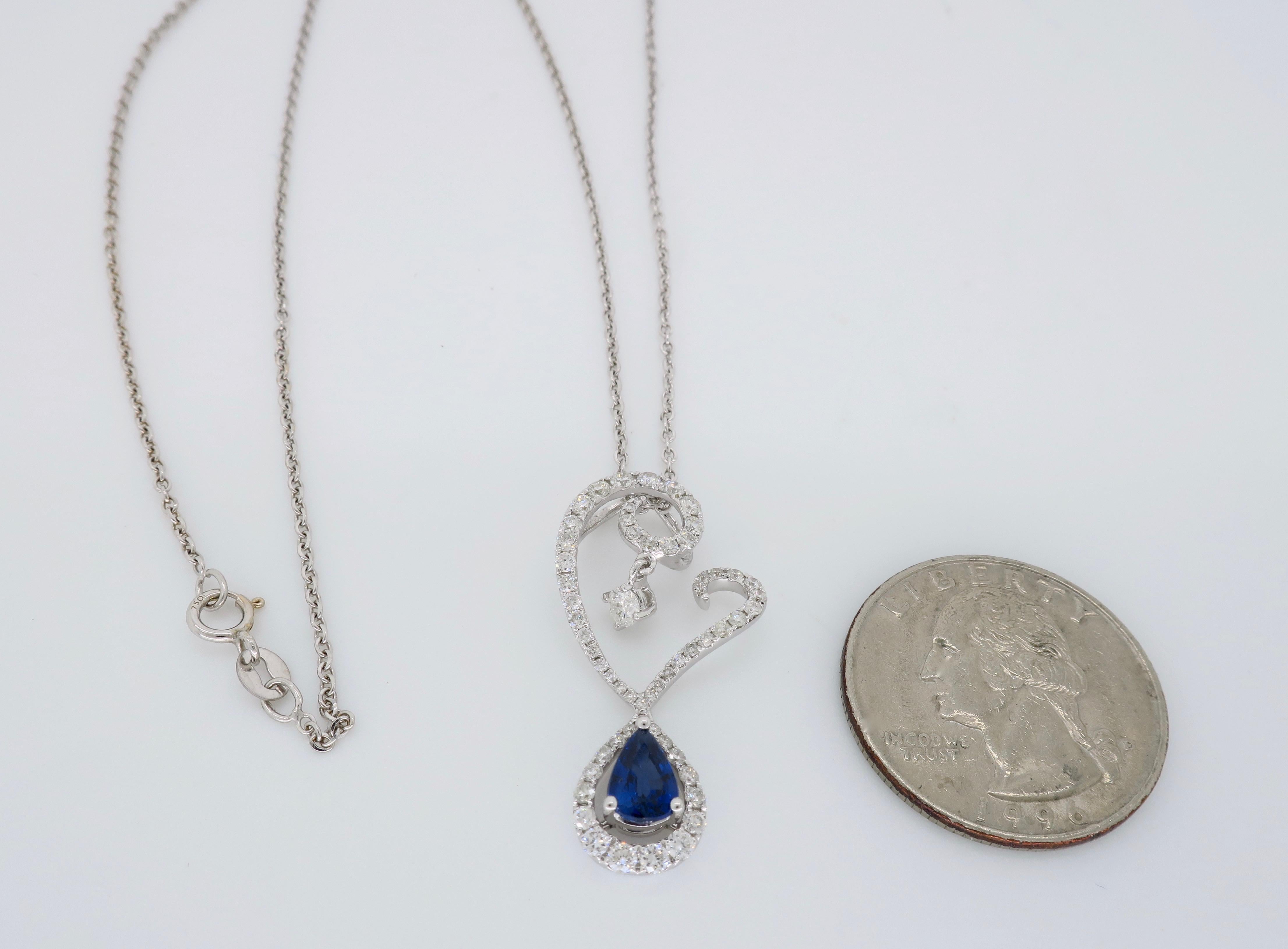 Pear Cut Diamond and Blue Sapphire Drop Pendant Necklace in 18 Karat White Gold