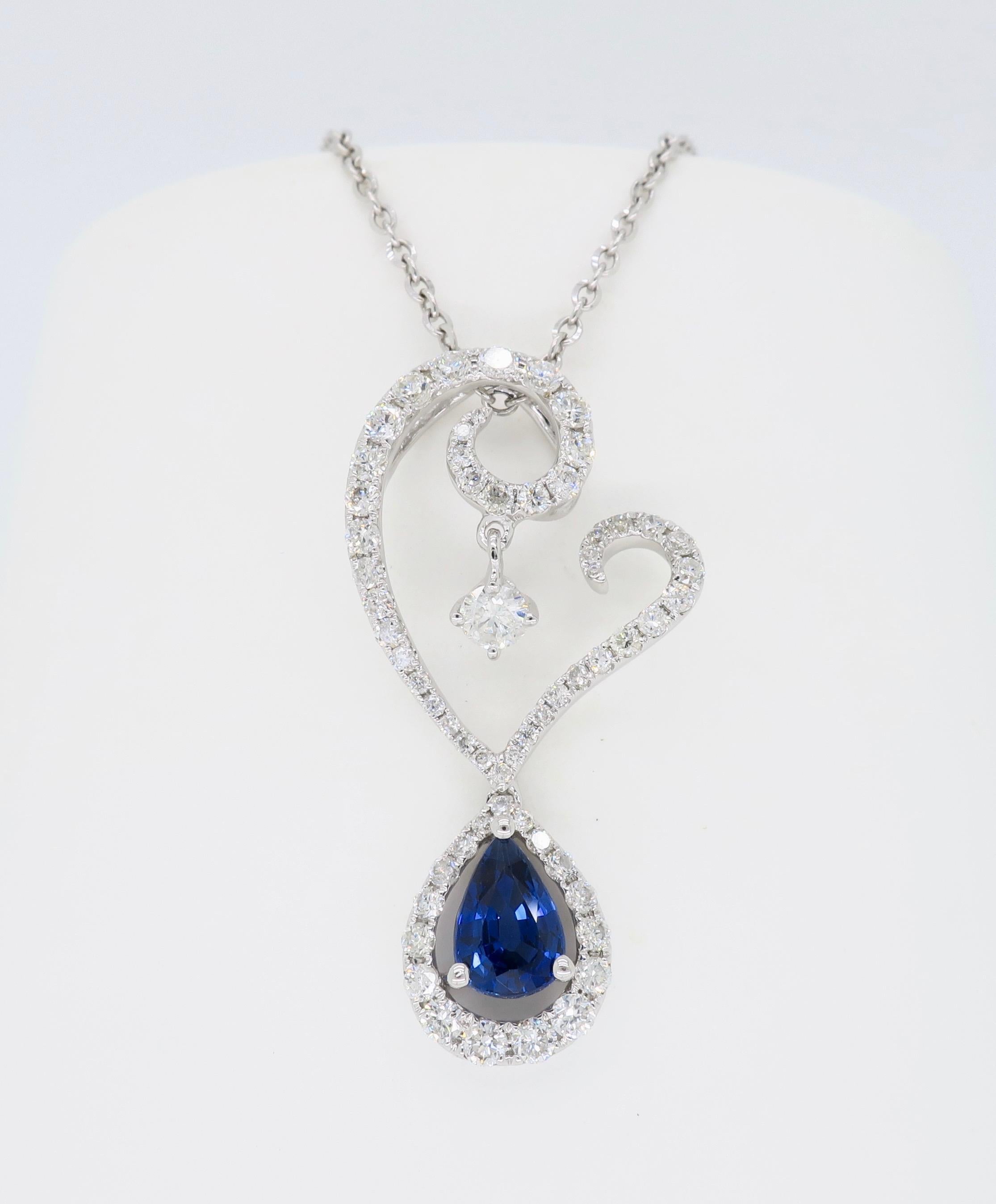 Diamond and Blue Sapphire Drop Pendant Necklace in 18 Karat White Gold In New Condition In Webster, NY