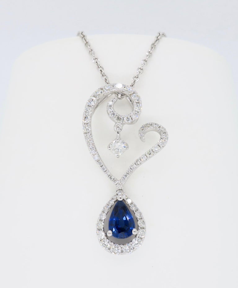 Diamond and Blue Sapphire Drop Pendant Necklace in 18 Karat White Gold