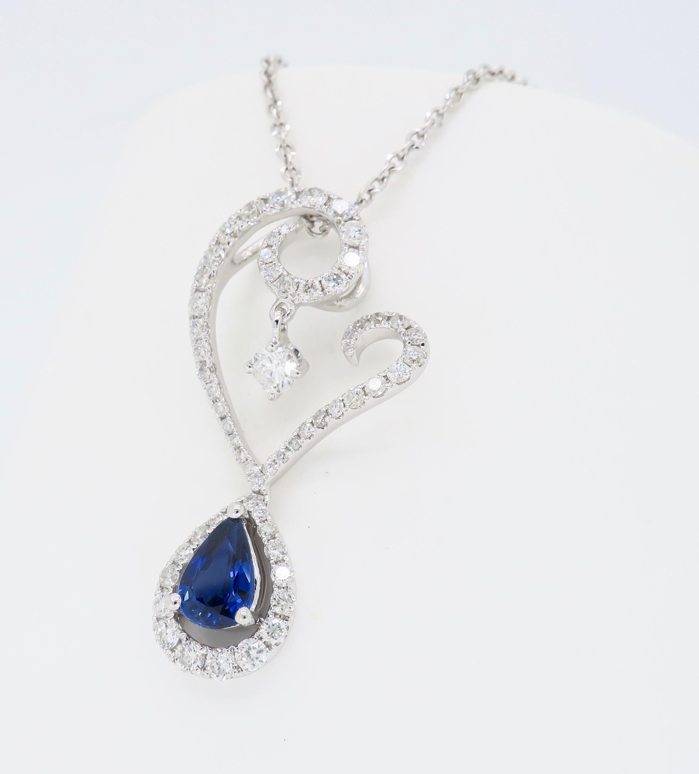 Women's Diamond and Blue Sapphire Drop Pendant Necklace in 18 Karat White Gold