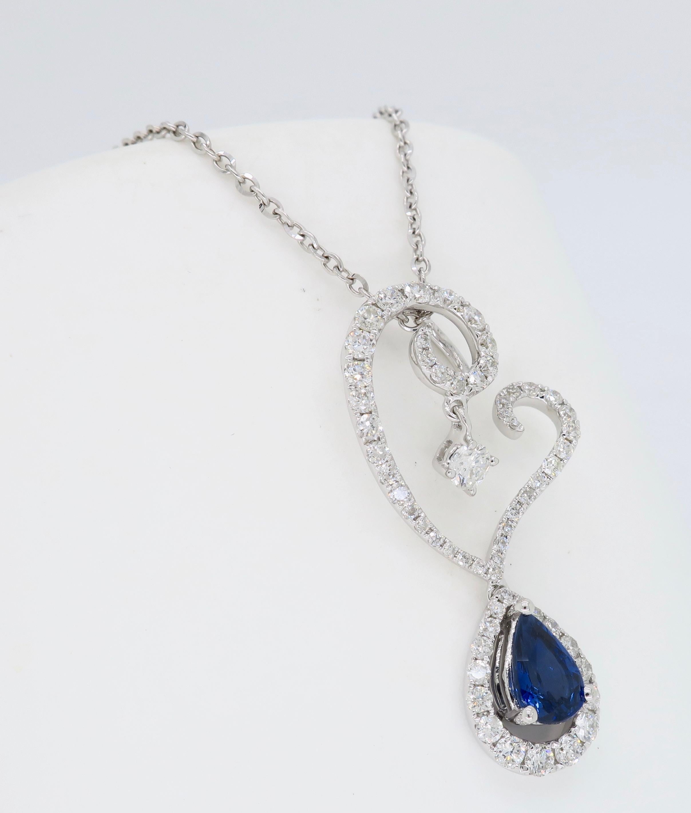 Diamond and Blue Sapphire Drop Pendant Necklace in 18 Karat White Gold 1