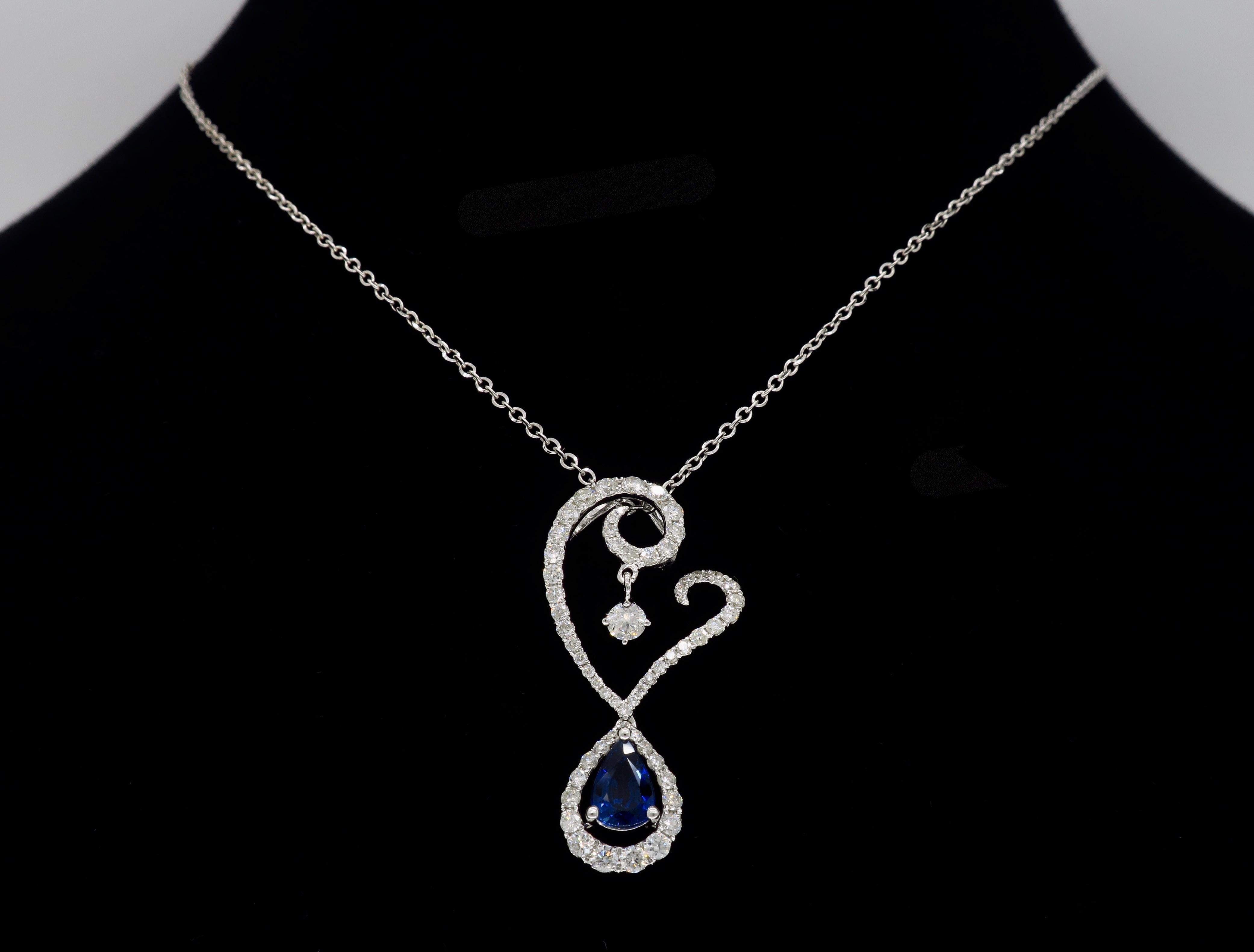 Diamond and Blue Sapphire Drop Pendant Necklace in 18 Karat White Gold 2