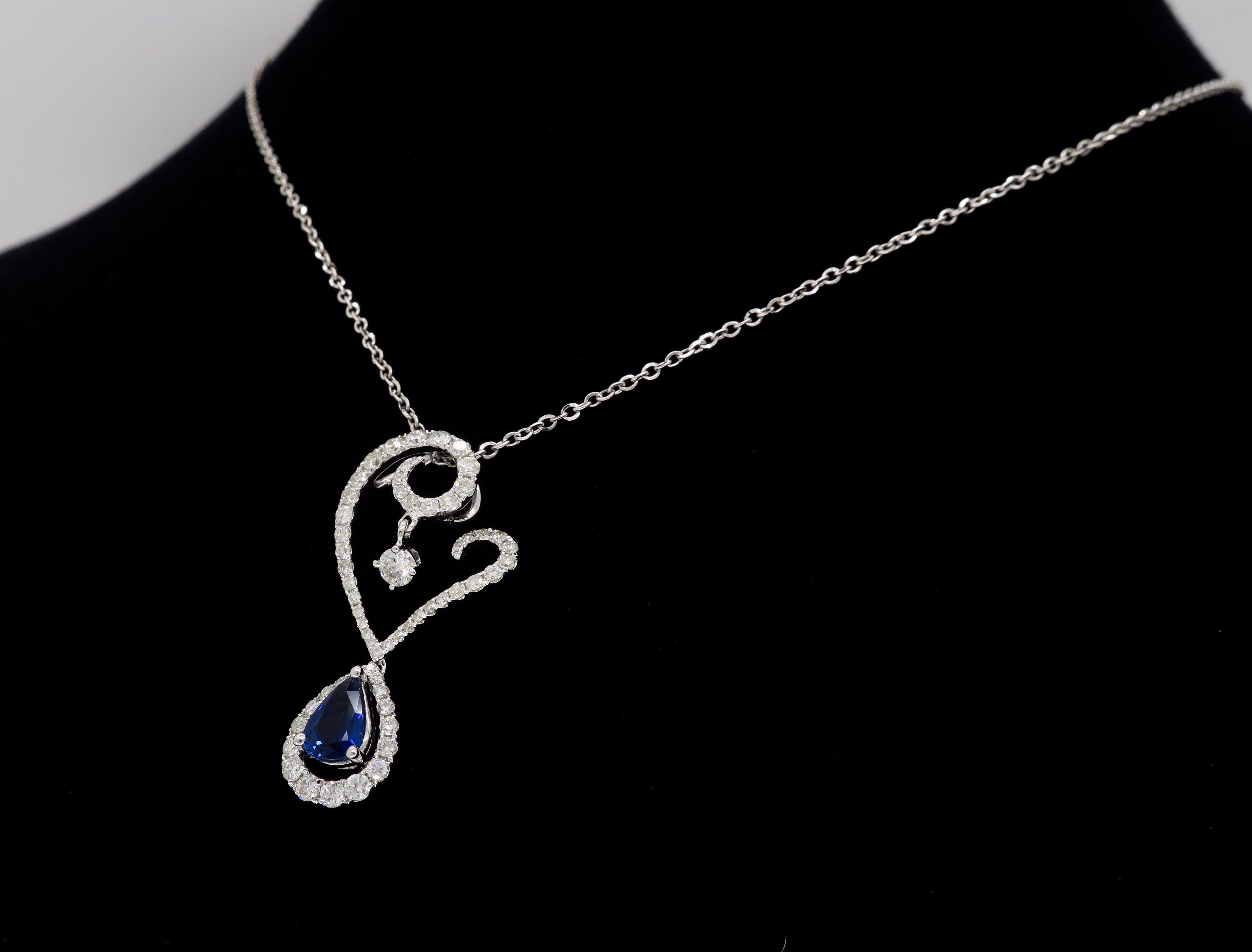 Diamond and Blue Sapphire Drop Pendant Necklace in 18 Karat White Gold 3