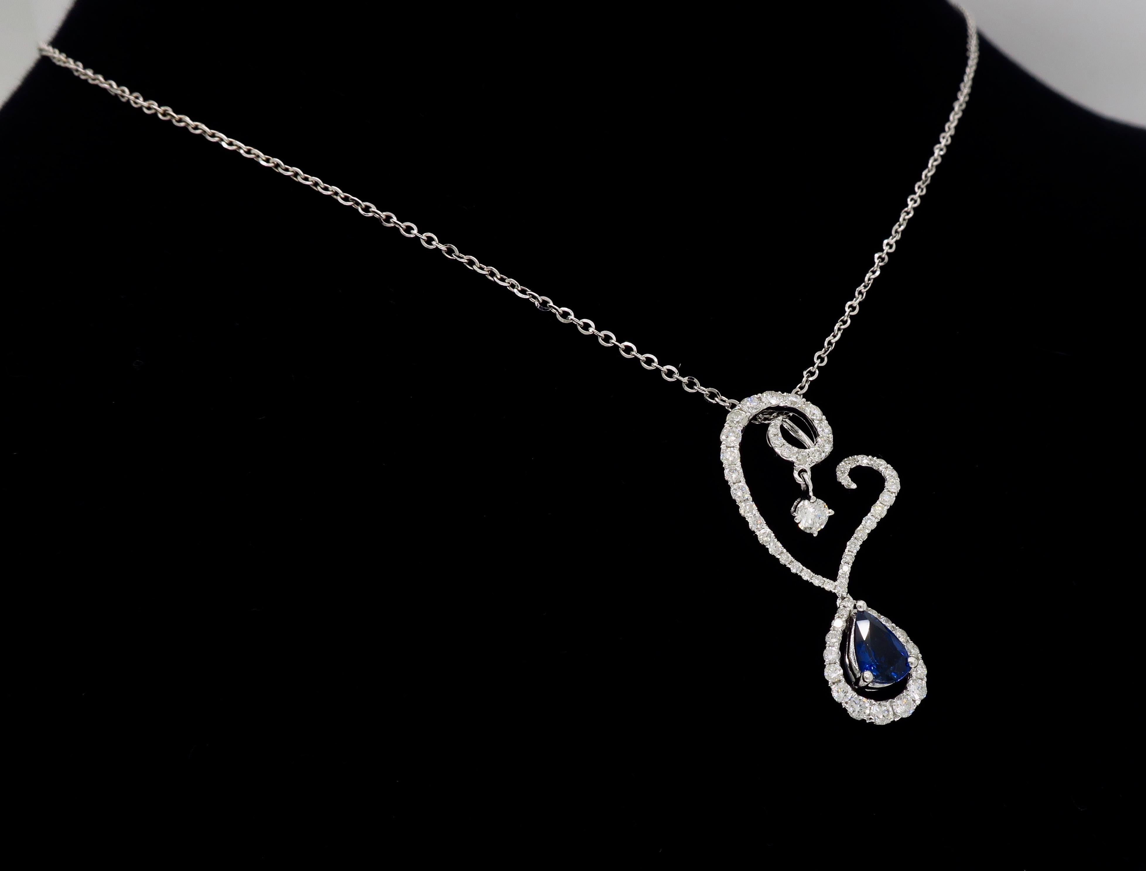 Diamond and Blue Sapphire Drop Pendant Necklace in 18 Karat White Gold 4