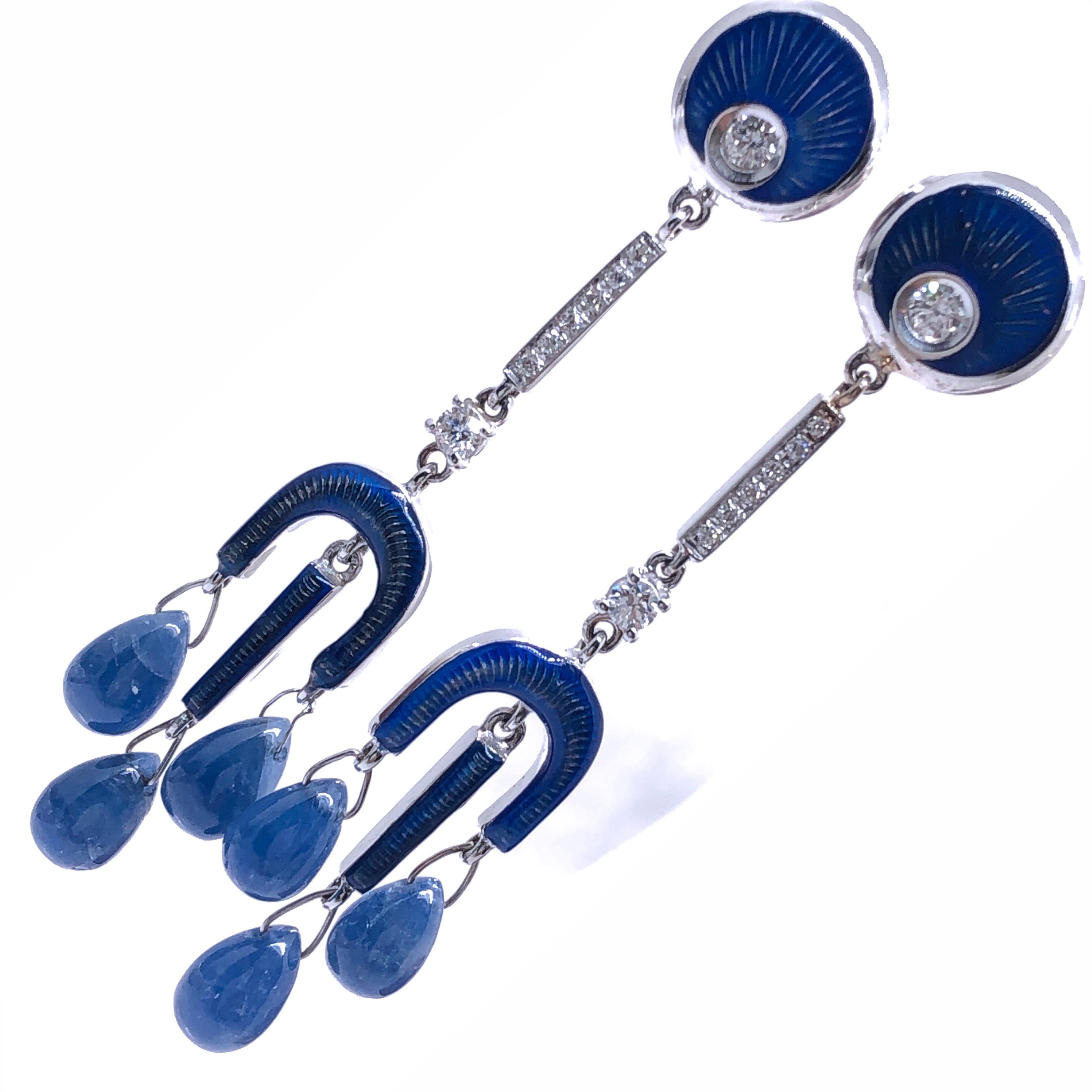 Diamond Blue Sapphire Drop Champlevé Hand Enameled Chandelier Earrings 3
