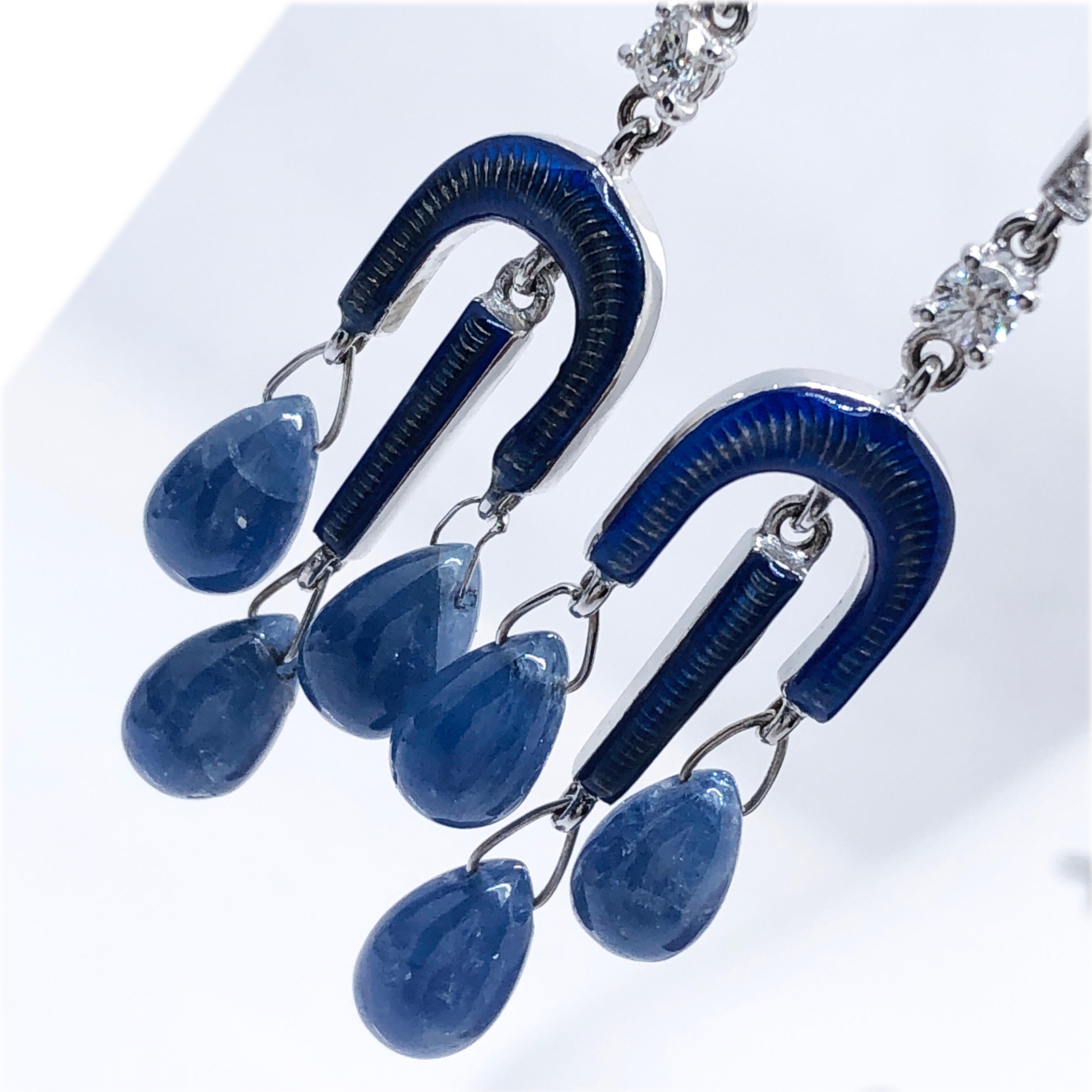 Diamond Blue Sapphire Drop Champlevé Hand Enameled Chandelier Earrings 2