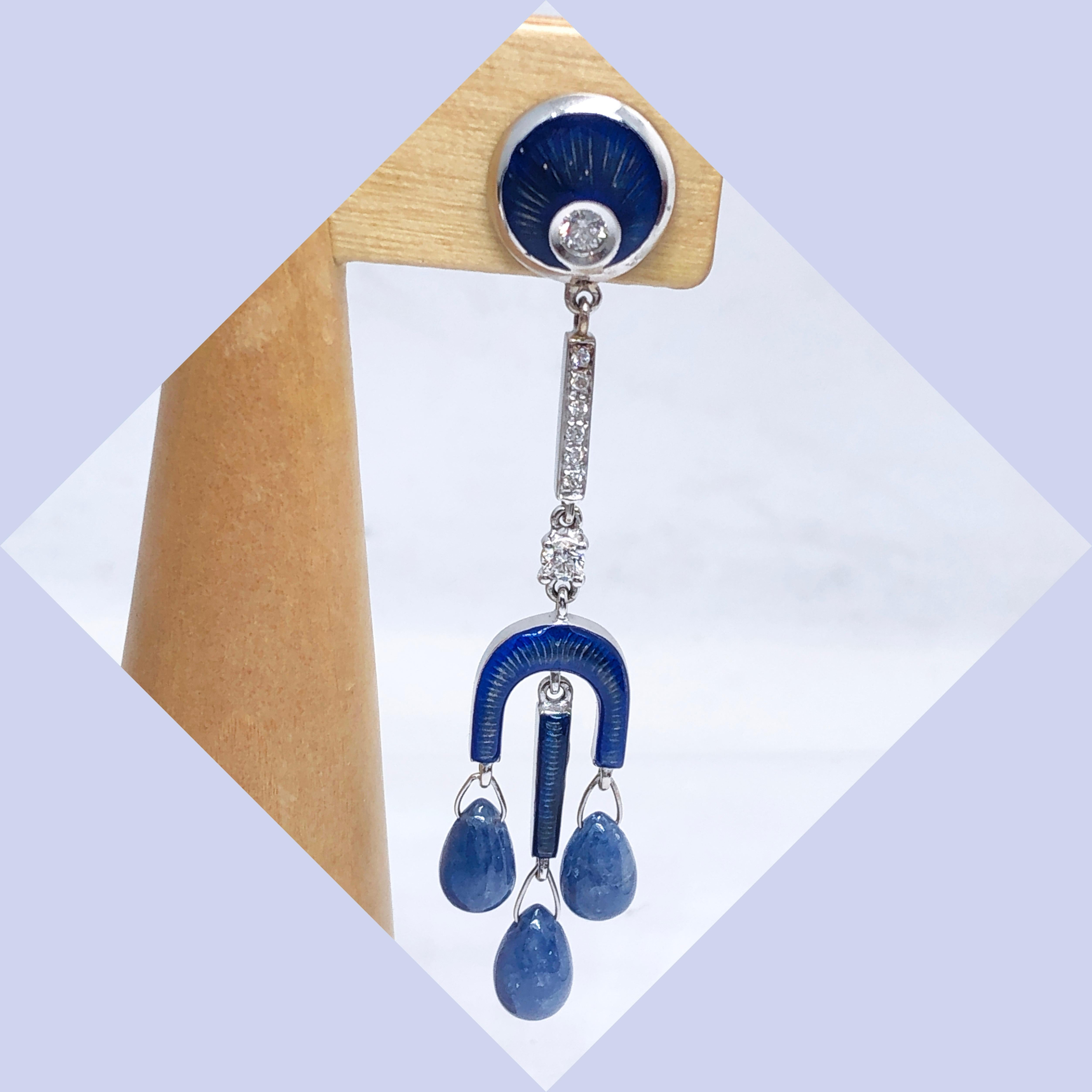 Diamond Blue Sapphire Drop Champlevé Hand Enameled Chandelier Earrings In New Condition In Valenza, IT
