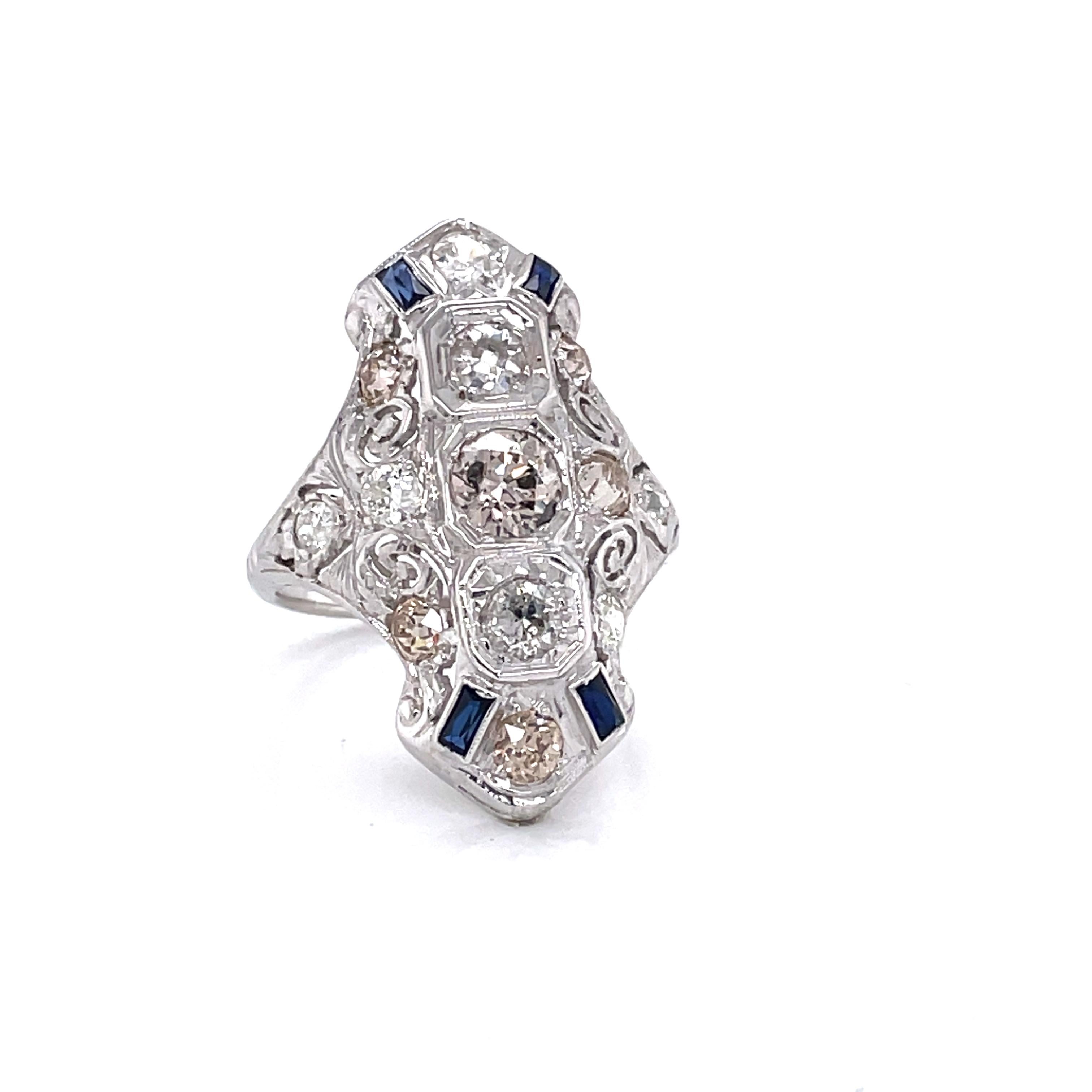 Old Mine Cut Diamond Blue Sapphire Edwardian 14 Karat White Gold Filigree Ring For Sale