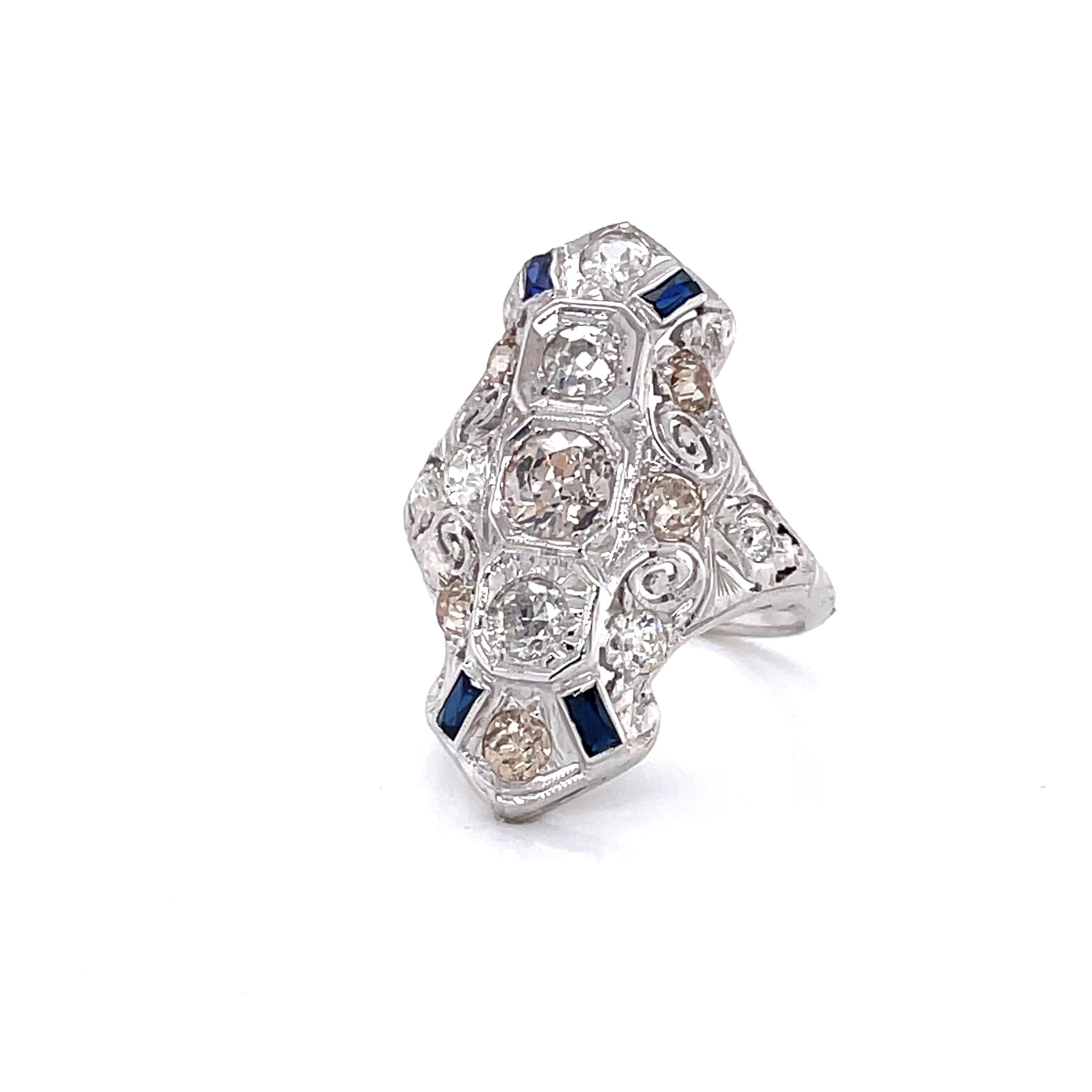 Diamond Blue Sapphire Edwardian 14 Karat White Gold Filigree Ring In Good Condition For Sale In Mount Kisco, NY