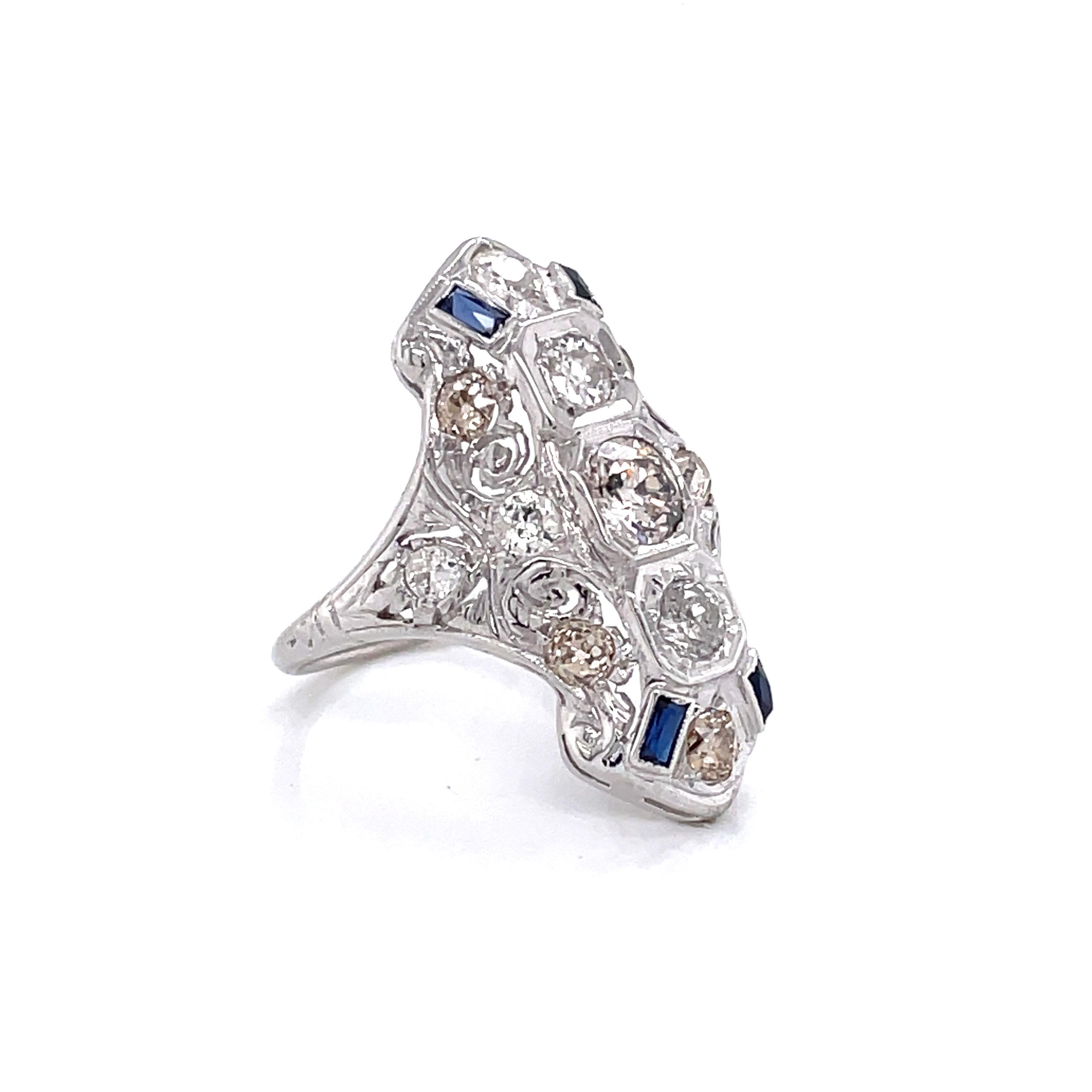 Women's Diamond Blue Sapphire Edwardian 14 Karat White Gold Filigree Ring For Sale