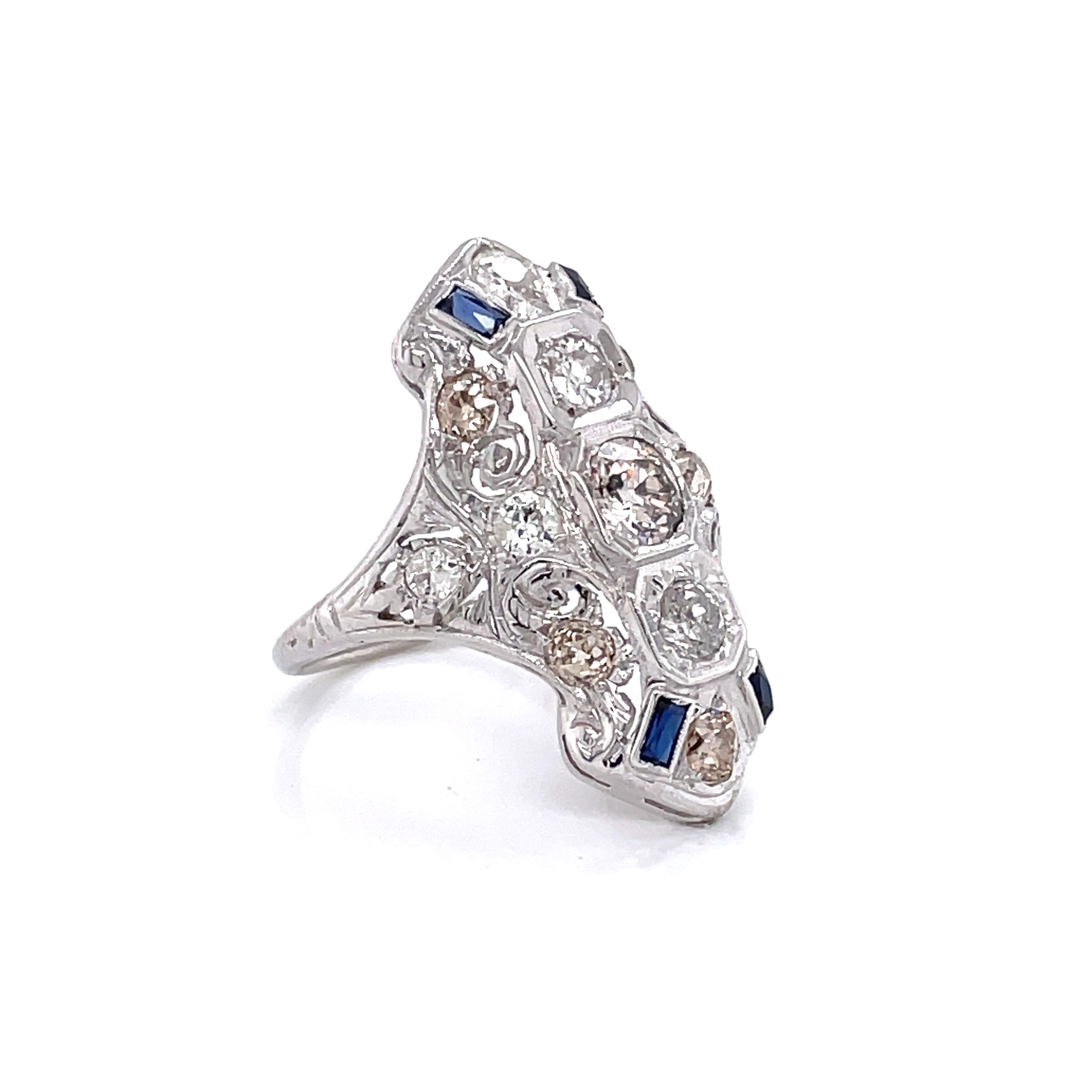 Diamond Blue Sapphire Edwardian 14 Karat White Gold Filigree Ring For Sale 1