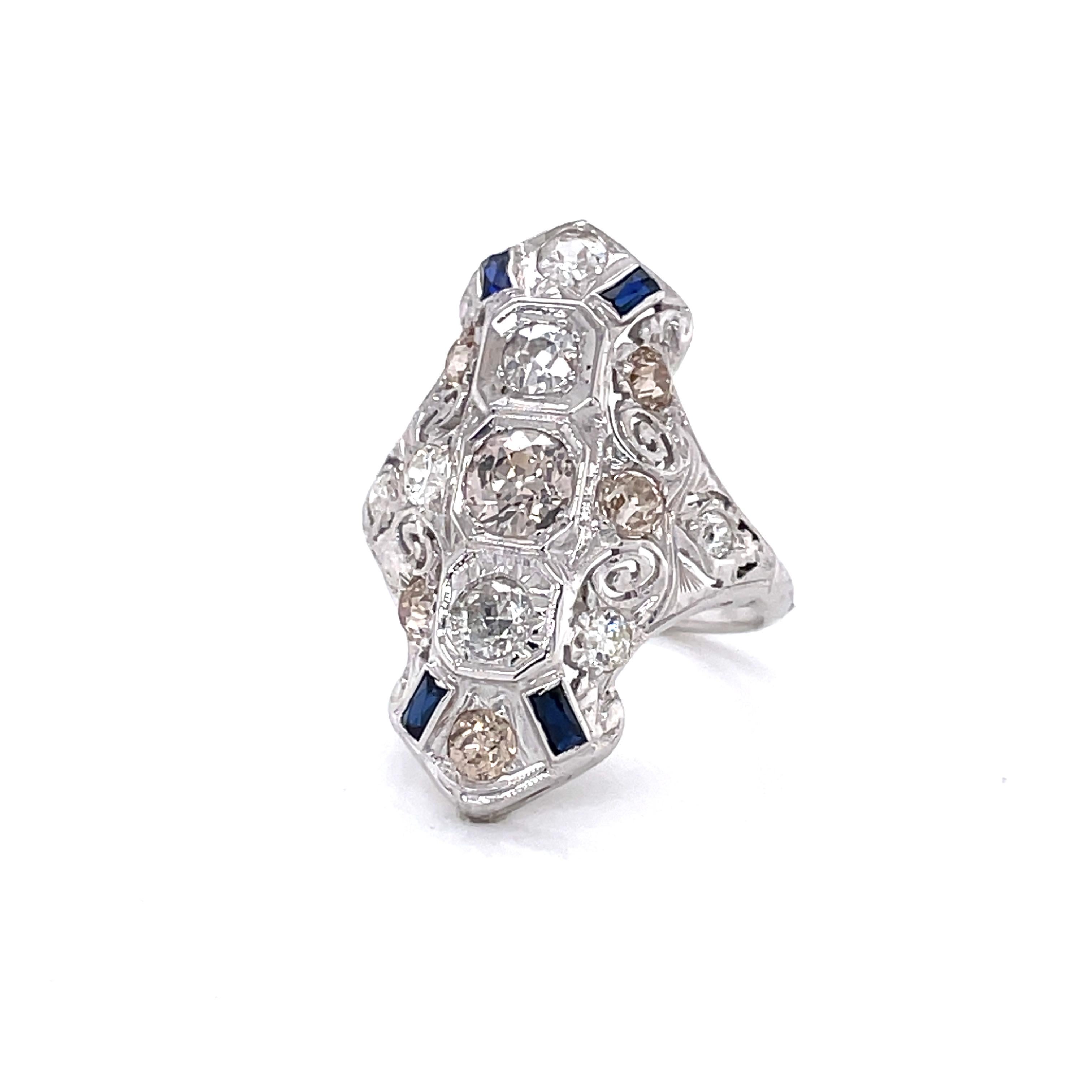 Diamond Blue Sapphire Edwardian 14 Karat White Gold Filigree Ring For Sale 2