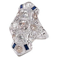 Antique Diamond Blue Sapphire Edwardian 14 Karat White Gold Filigree Ring