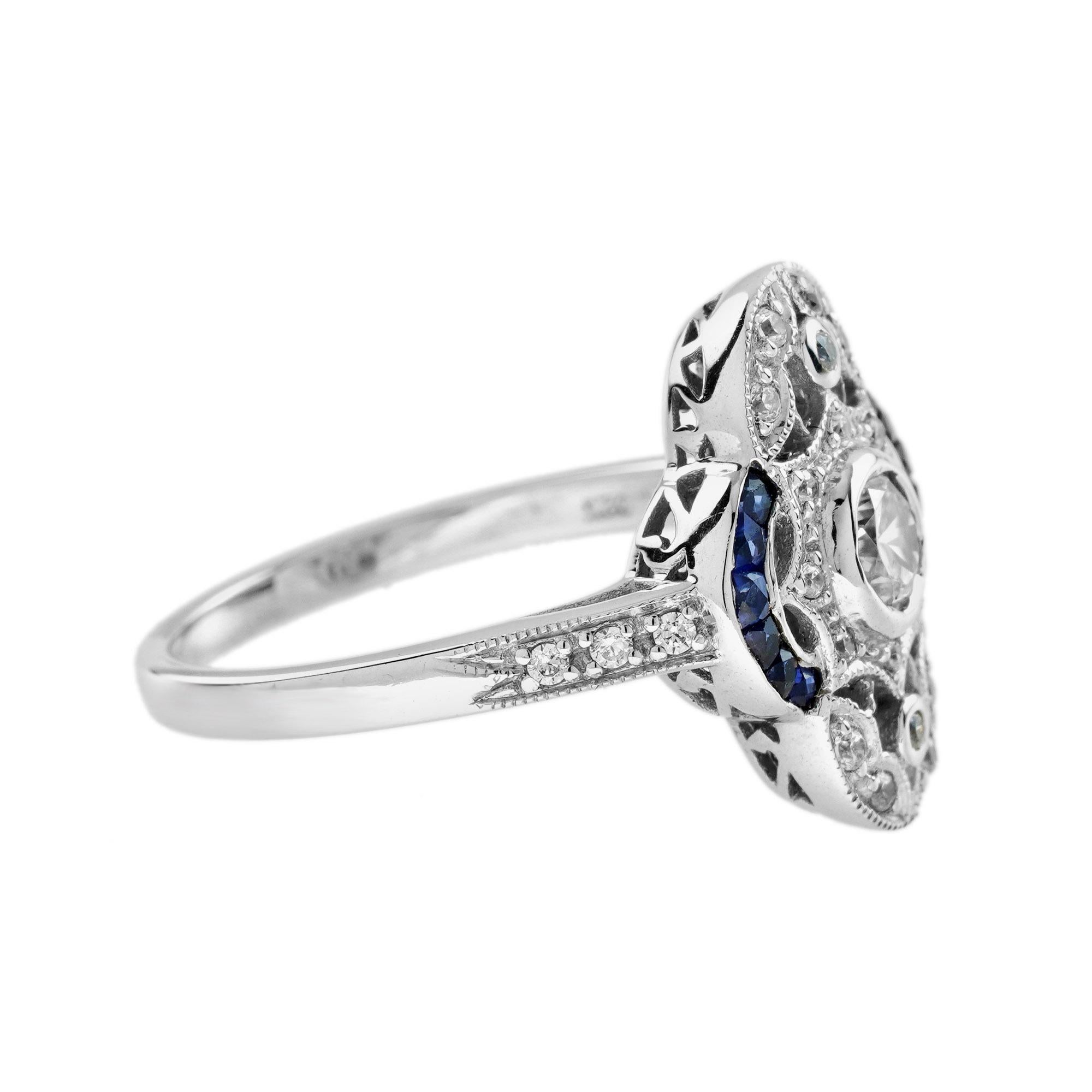 Diamant & Blauer Saphir Edwardian Style Cluster 14K Weißgold Ring (Art déco) im Angebot