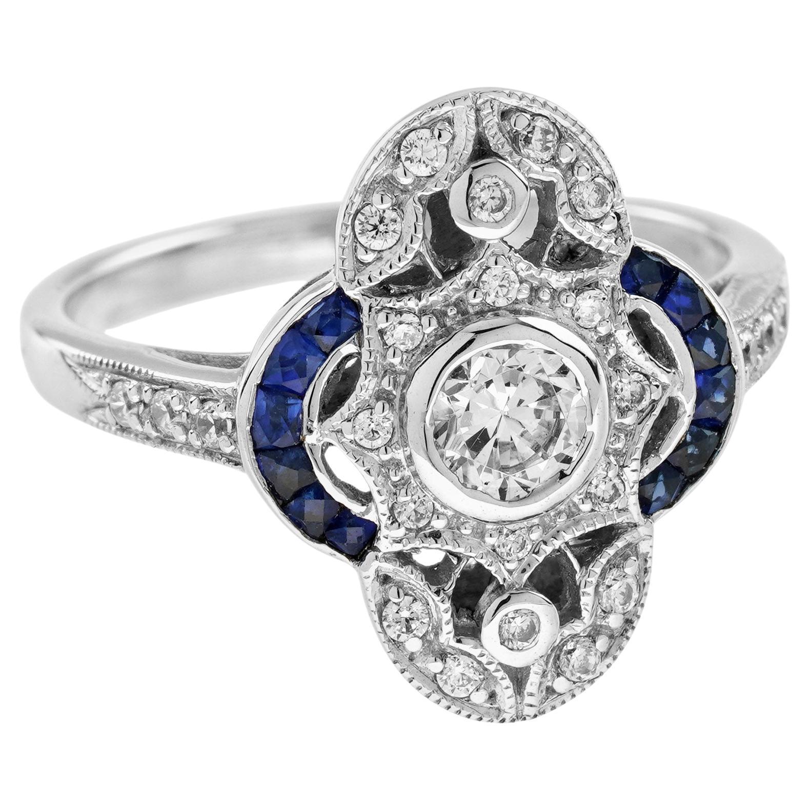 Bague en or blanc 14K avec diamant et saphir bleu de style édouardien