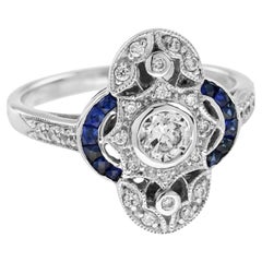 Bague en or blanc 14K avec diamant et saphir bleu de style édouardien