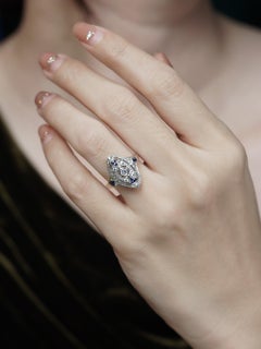 Diamond Blue Sapphire Edwardian Style Cocktail Ring in 14K White Gold