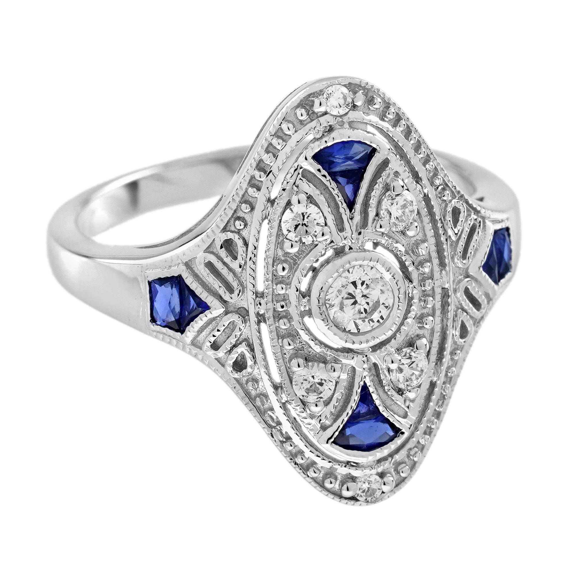 Taille ronde Bague cocktail de style édouardien en or blanc 14 carats avec diamants et saphir bleu en vente
