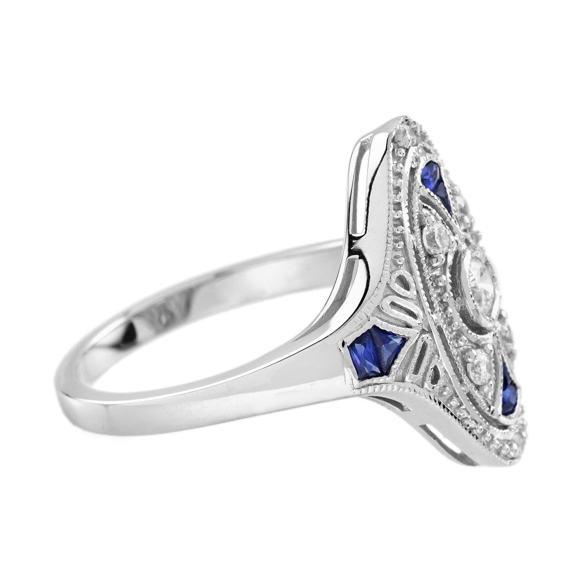 Bague cocktail de style édouardien en or blanc 14 carats avec diamants et saphir bleu Neuf - En vente à Bangkok, TH
