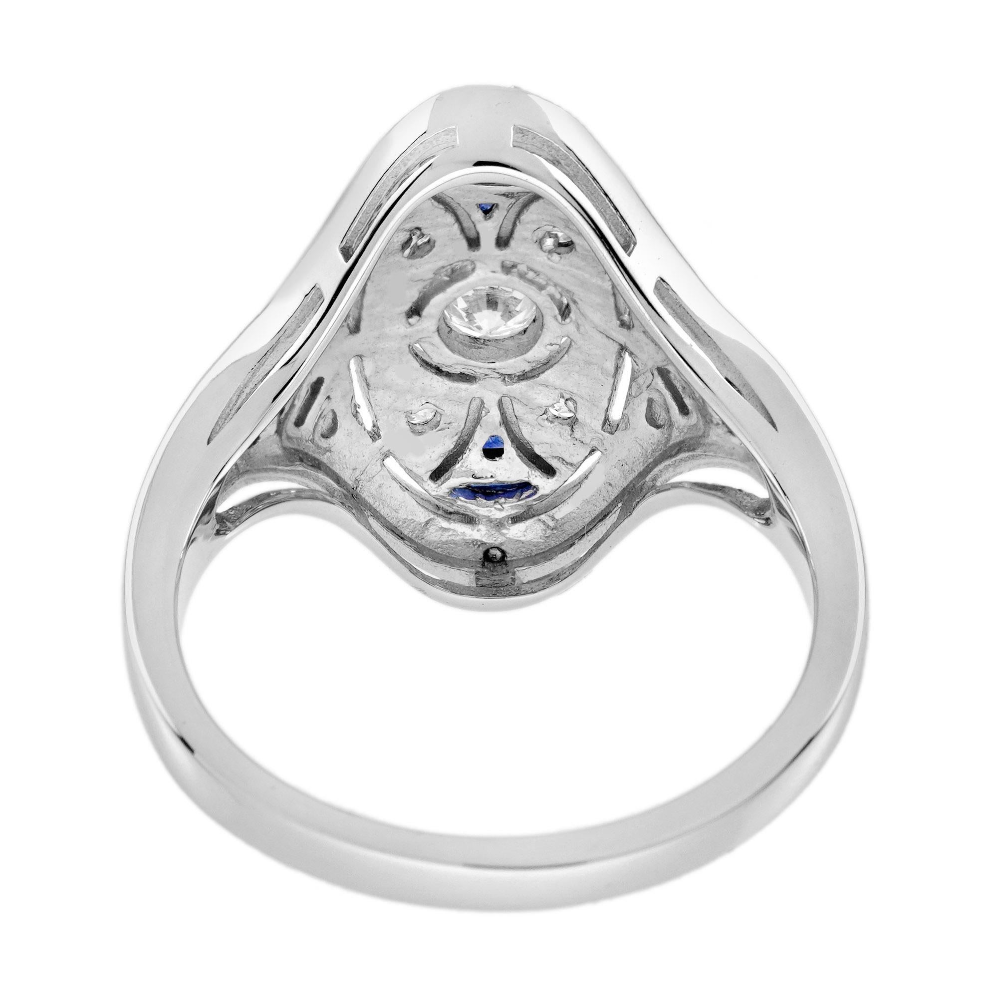 Bague cocktail de style édouardien en or blanc 14 carats avec diamants et saphir bleu Pour femmes en vente