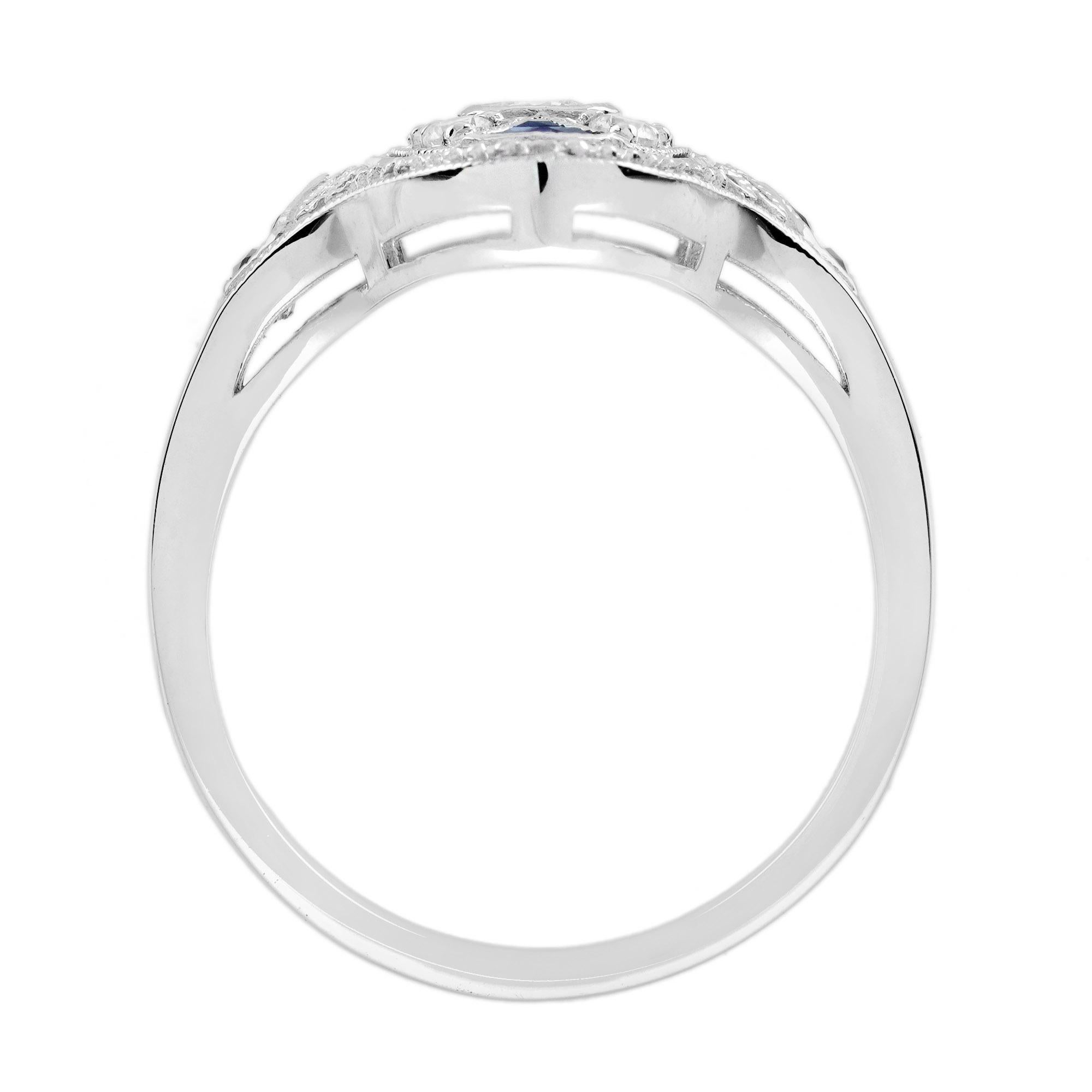 Bague cocktail de style édouardien en or blanc 14 carats avec diamants et saphir bleu en vente 1
