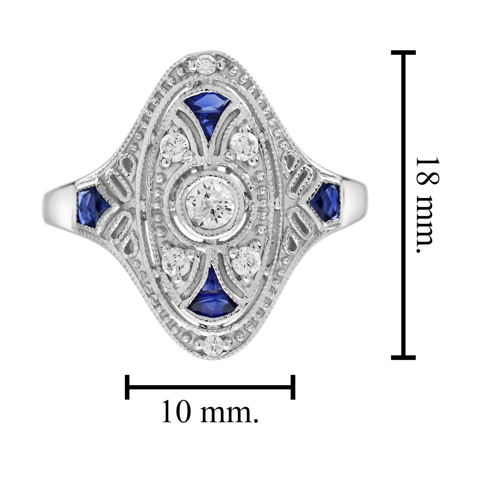 Bague cocktail de style édouardien en or blanc 14 carats avec diamants et saphir bleu en vente 2