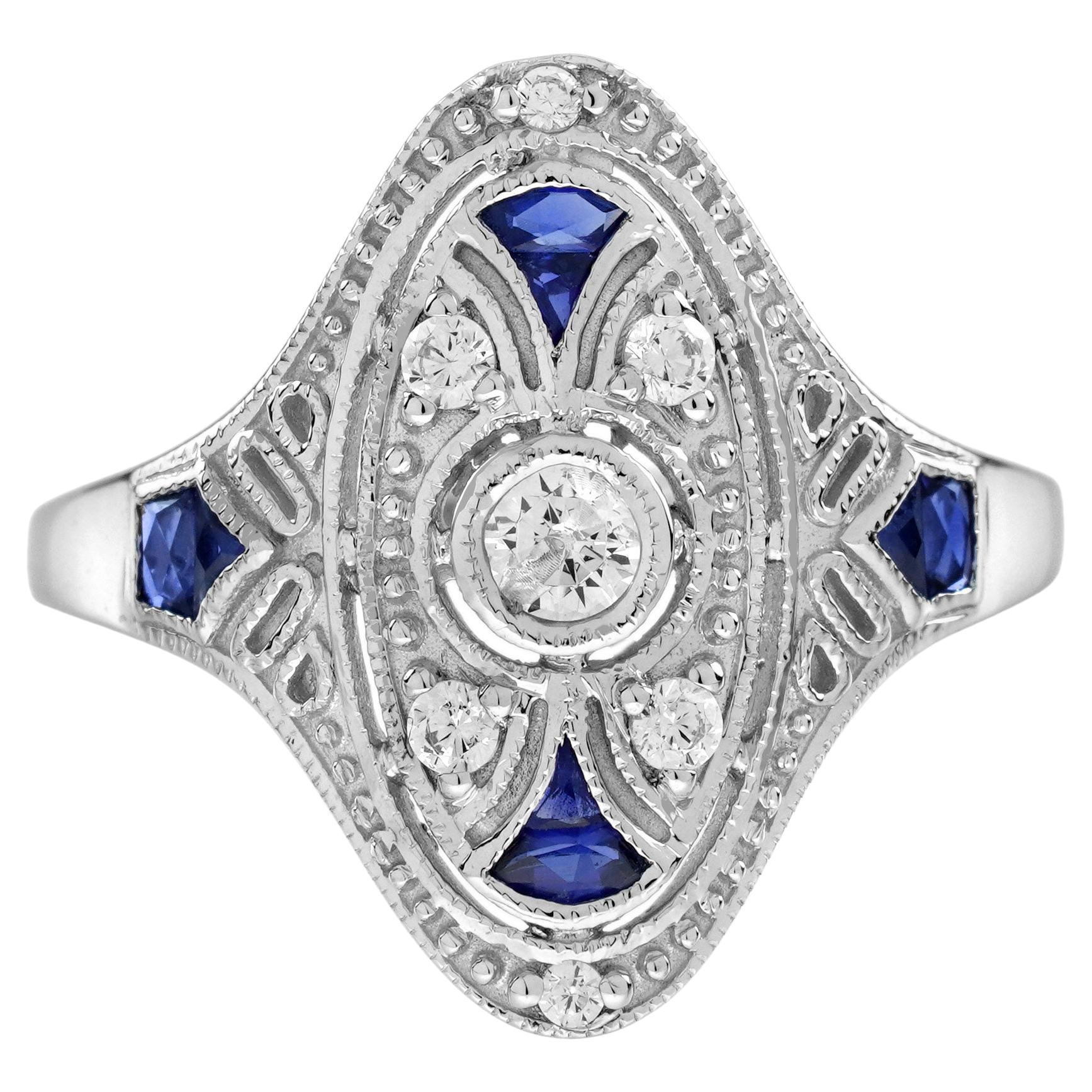 Diamond Blue Sapphire Edwardian Style Cocktail Ring in 14K White Gold