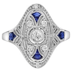 Diamond Blue Sapphire Edwardian Style Cocktail Ring in 14K White Gold