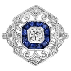 Anillo de Oro Blanco Calado Estilo Eduardiano con Diamantes y Zafiro Azul