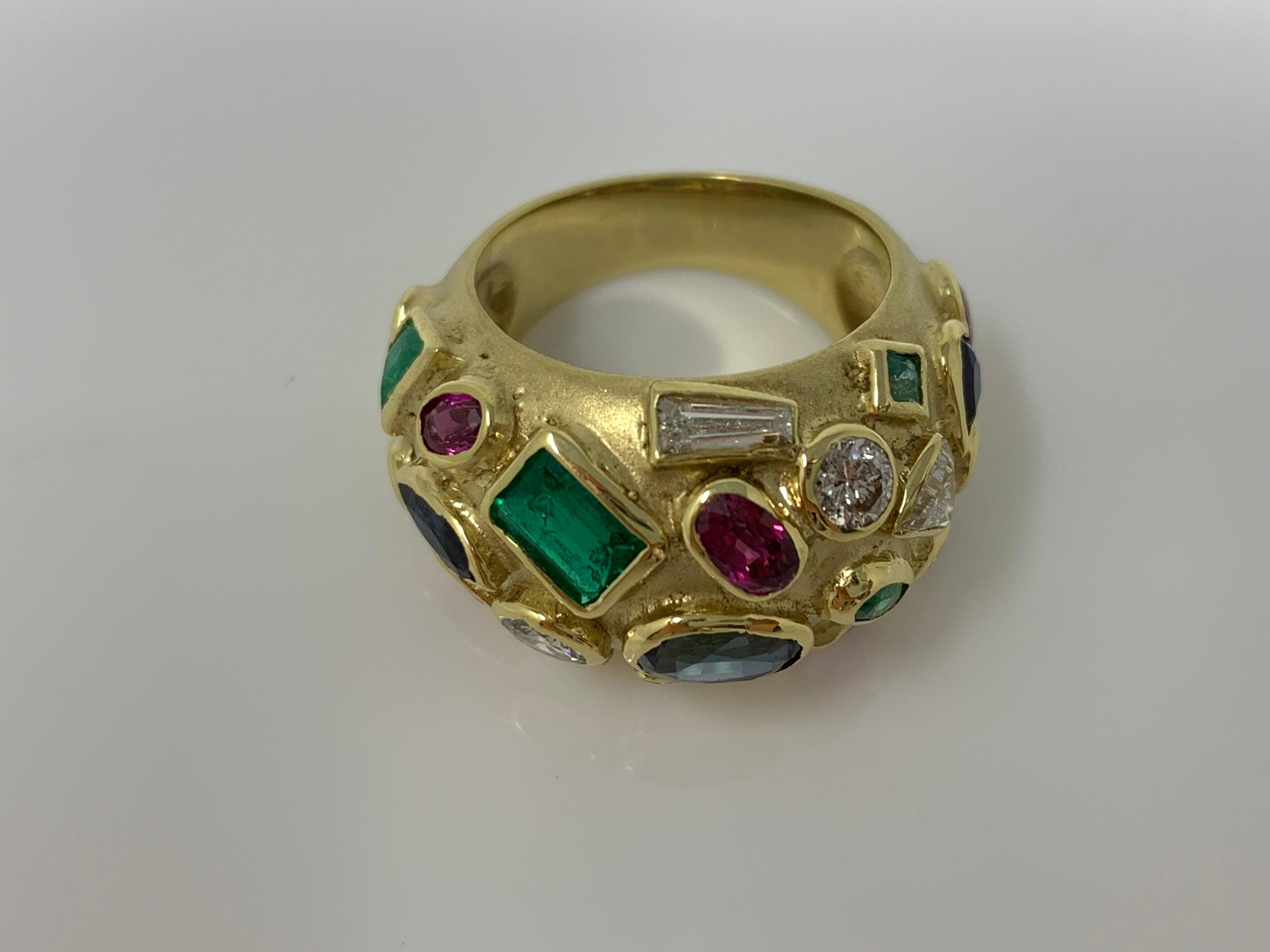 Women's or Men's Diamond, Blue Sapphire, Emerald and Ruby Ring in 18 Karat Gold