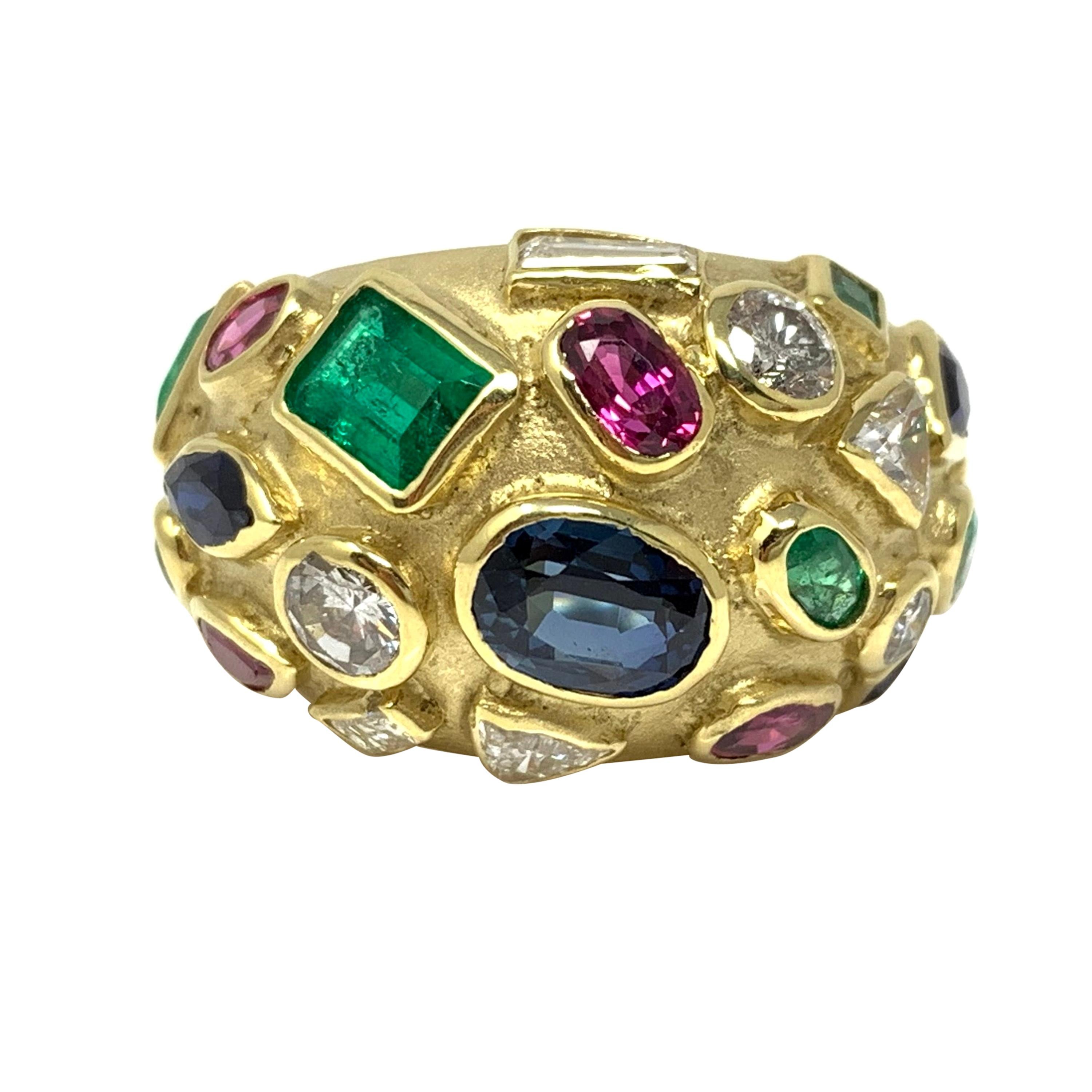 Diamond, Blue Sapphire, Emerald and Ruby Ring in 18 Karat Gold