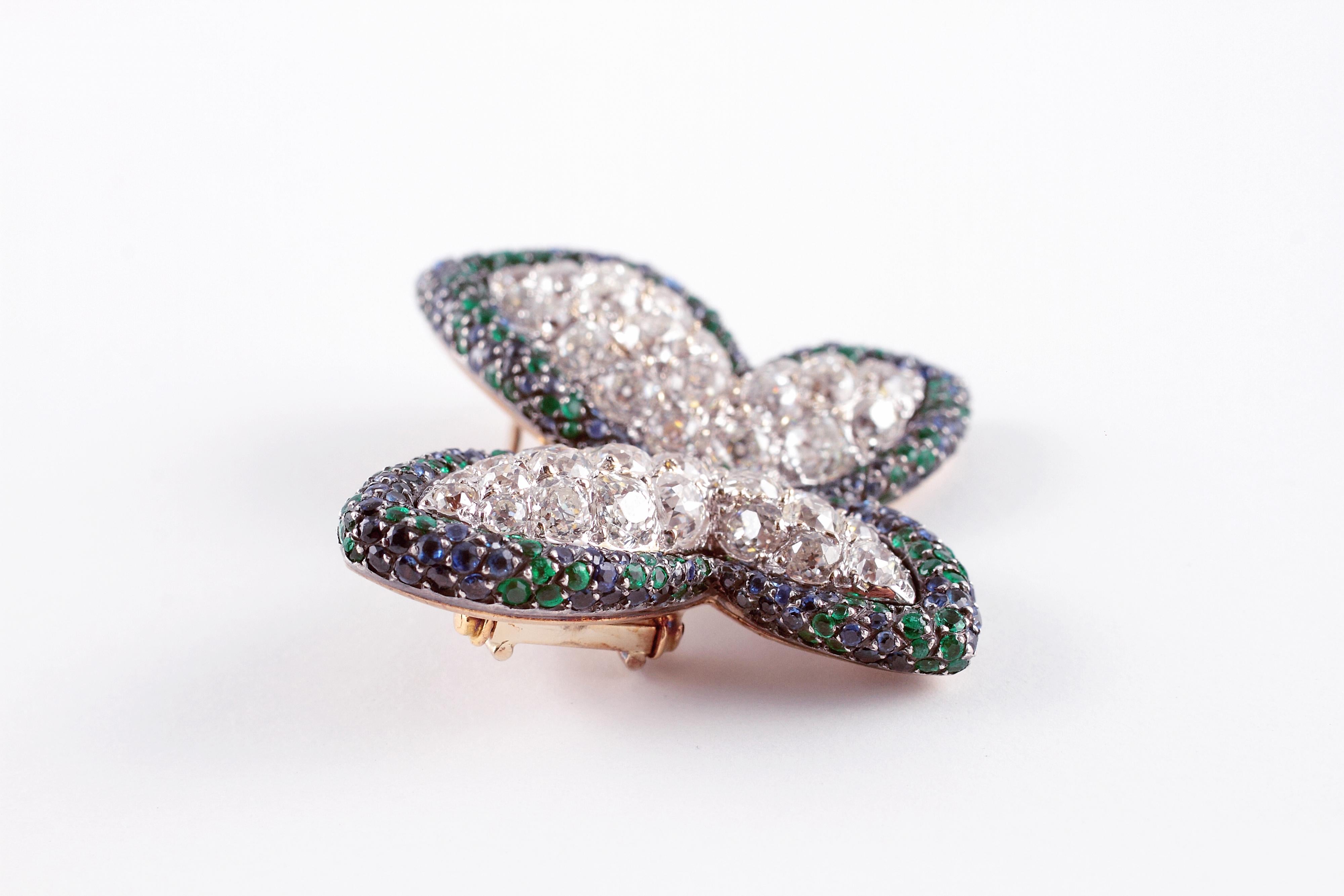 Women's or Men's Diamond Blue Sapphire Emerald Butterfly Brooch For Sale