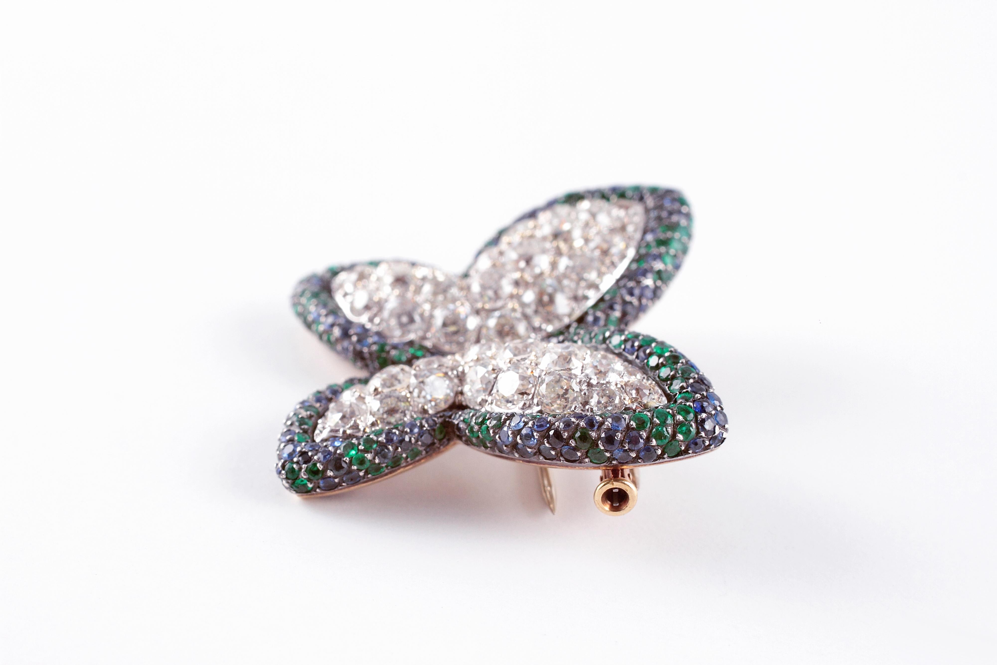 Diamond Blue Sapphire Emerald Butterfly Brooch For Sale 1