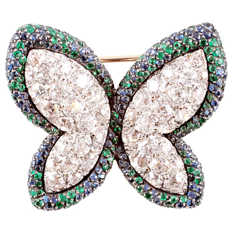 Diamond Blue Sapphire Emerald Butterfly Brooch For Sale