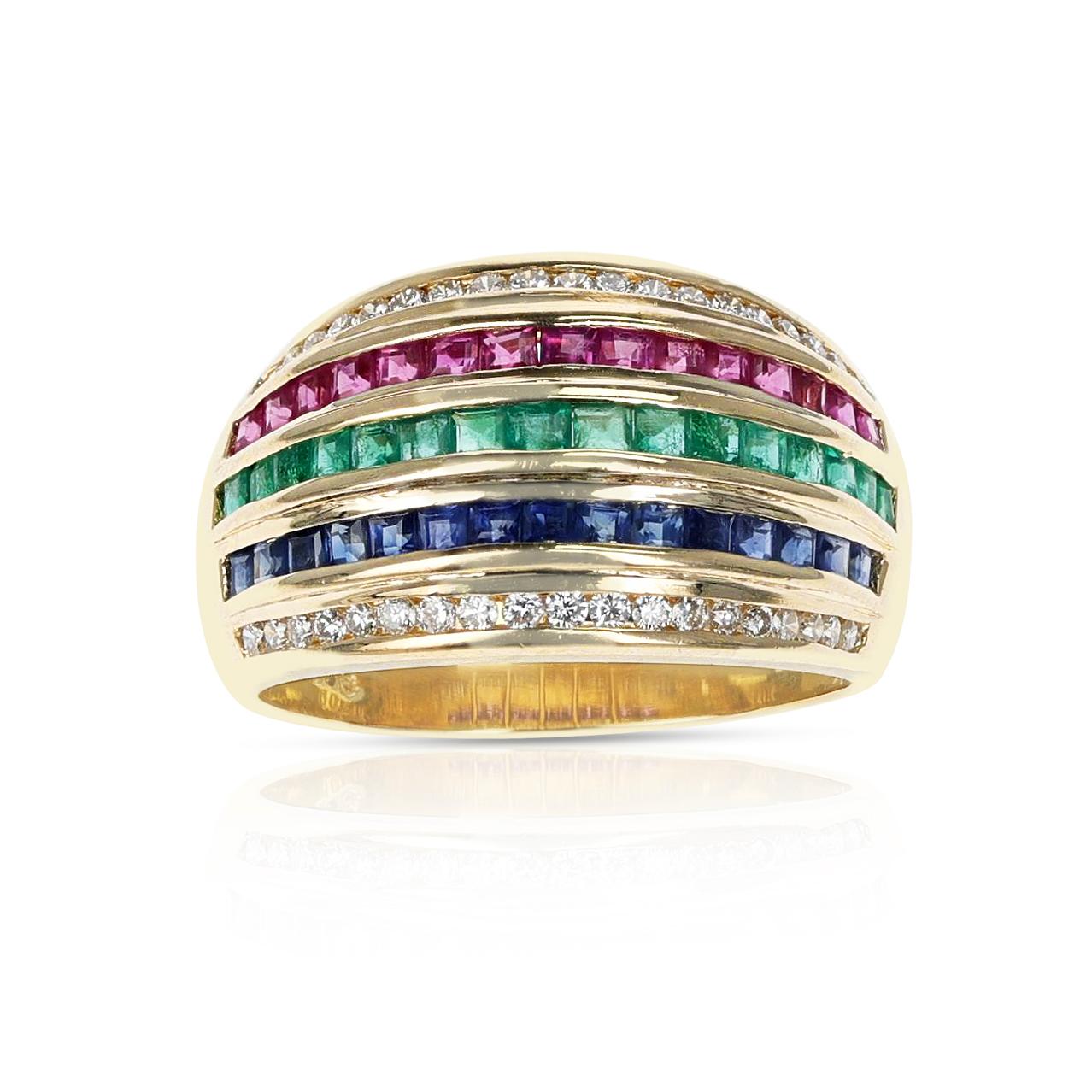 A Five Row Diamond, Blue Sapphire, Emerald, Ruby Invisibly Set Cocktail Ring made in 18 Karat Yellow Gold. The ring size is US 6.25. The total weight of the ring is 6.60 grams. 