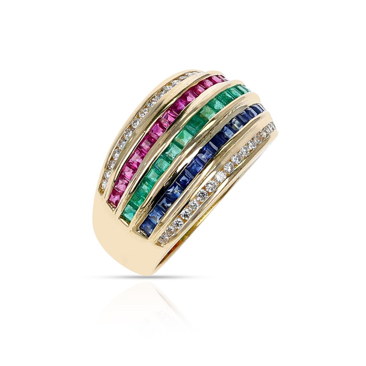 Diamond, Blue Sapphire, Emerald, Ruby Five Row Channel Set Cocktail Ring, 18K In Excellent Condition For Sale In New York, NY