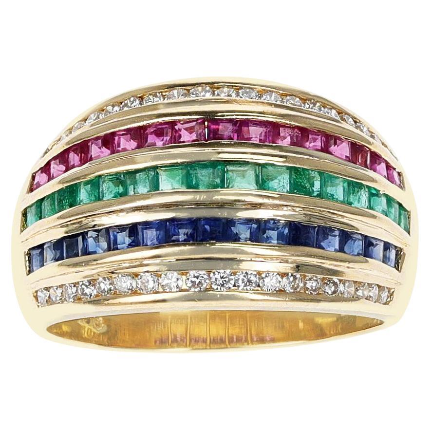 Diamond, Blue Sapphire, Emerald, Ruby Five Row Channel Set Cocktail Ring, 18K For Sale