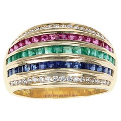 Vintage Diamond, Blue Sapphire, Emerald, Ruby Five Row Channel Set Cocktail Ring, 18K