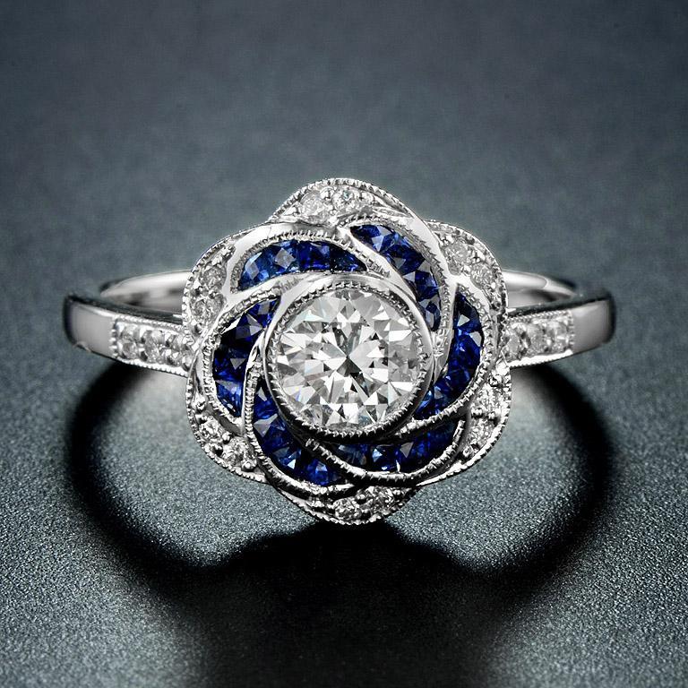For Sale:  Art Deco Style Diamond and Sapphire Floral Engagement Ring 18K White Gold 3