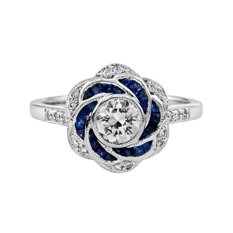 For Sale:  Art Deco Style Diamond and Sapphire Floral Engagement Ring 18K White Gold