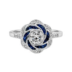 Art Deco Style Diamond and Sapphire Floral Engagement Ring 18K White Gold