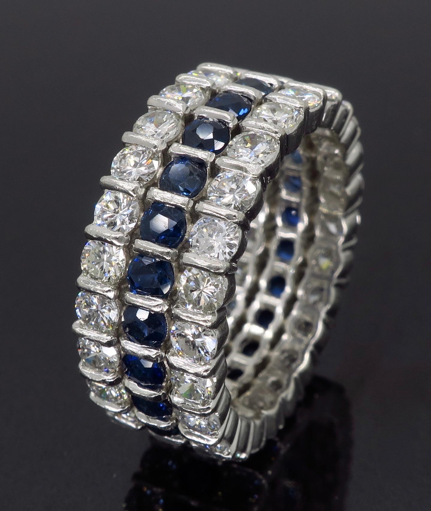 Diamond and Blue Sapphire Eternity Ring in Platinum In Excellent Condition In Webster, NY
