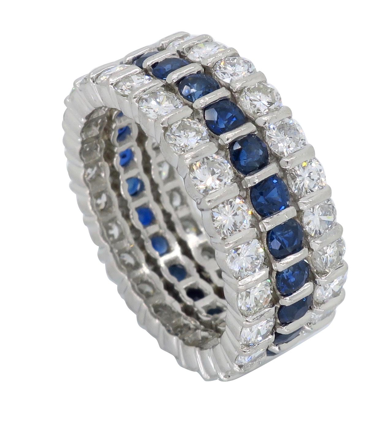 Women's or Men's Diamond and Blue Sapphire Eternity Ring in Platinum