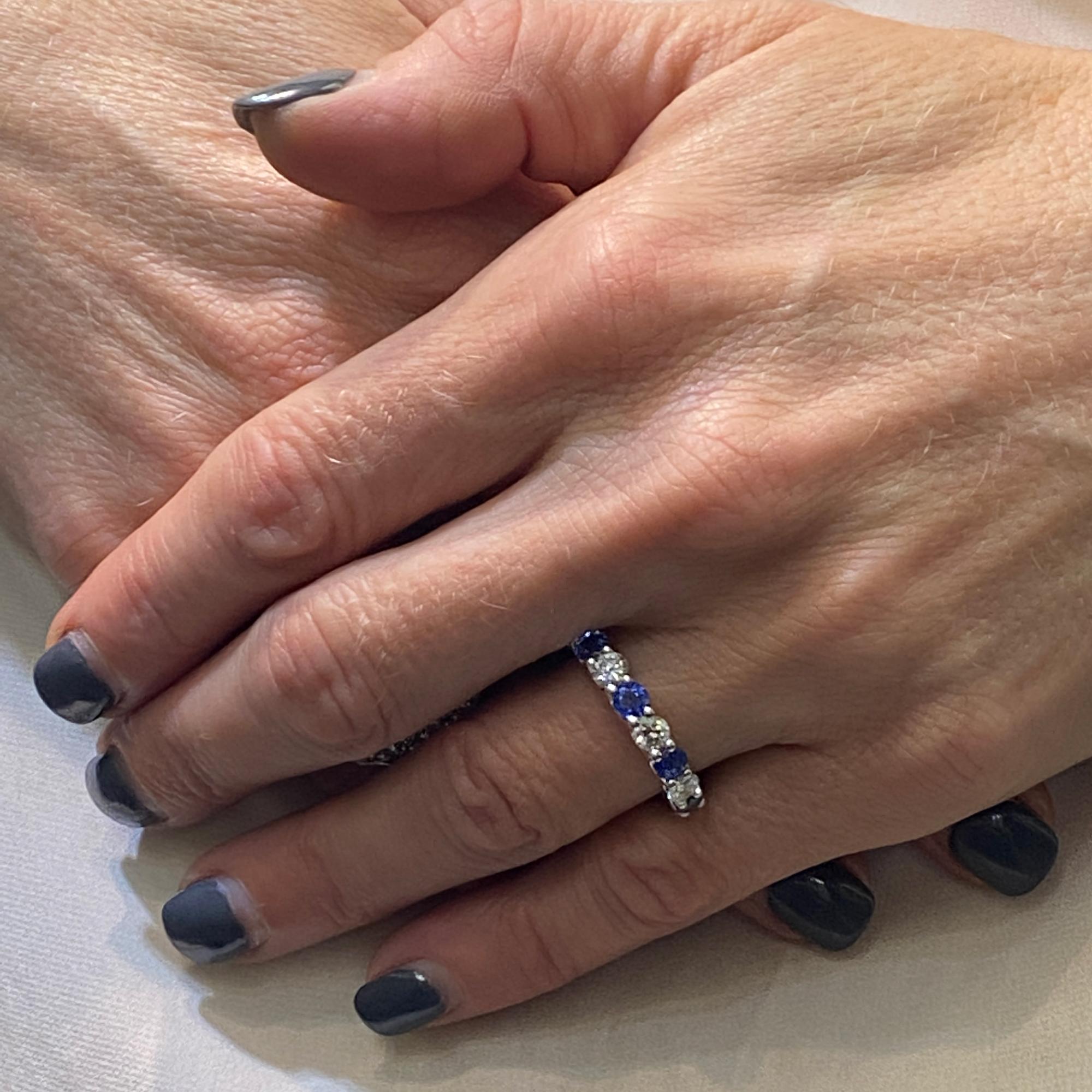 Diamond Blue Sapphire Eternity Wedding Band 18 Karat White Gold In New Condition In Boca Raton, FL