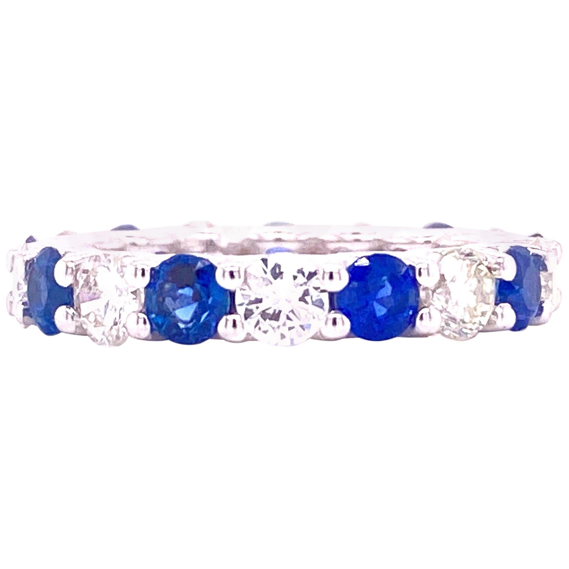 Diamond Blue Sapphire Eternity Wedding Band 18 Karat White Gold