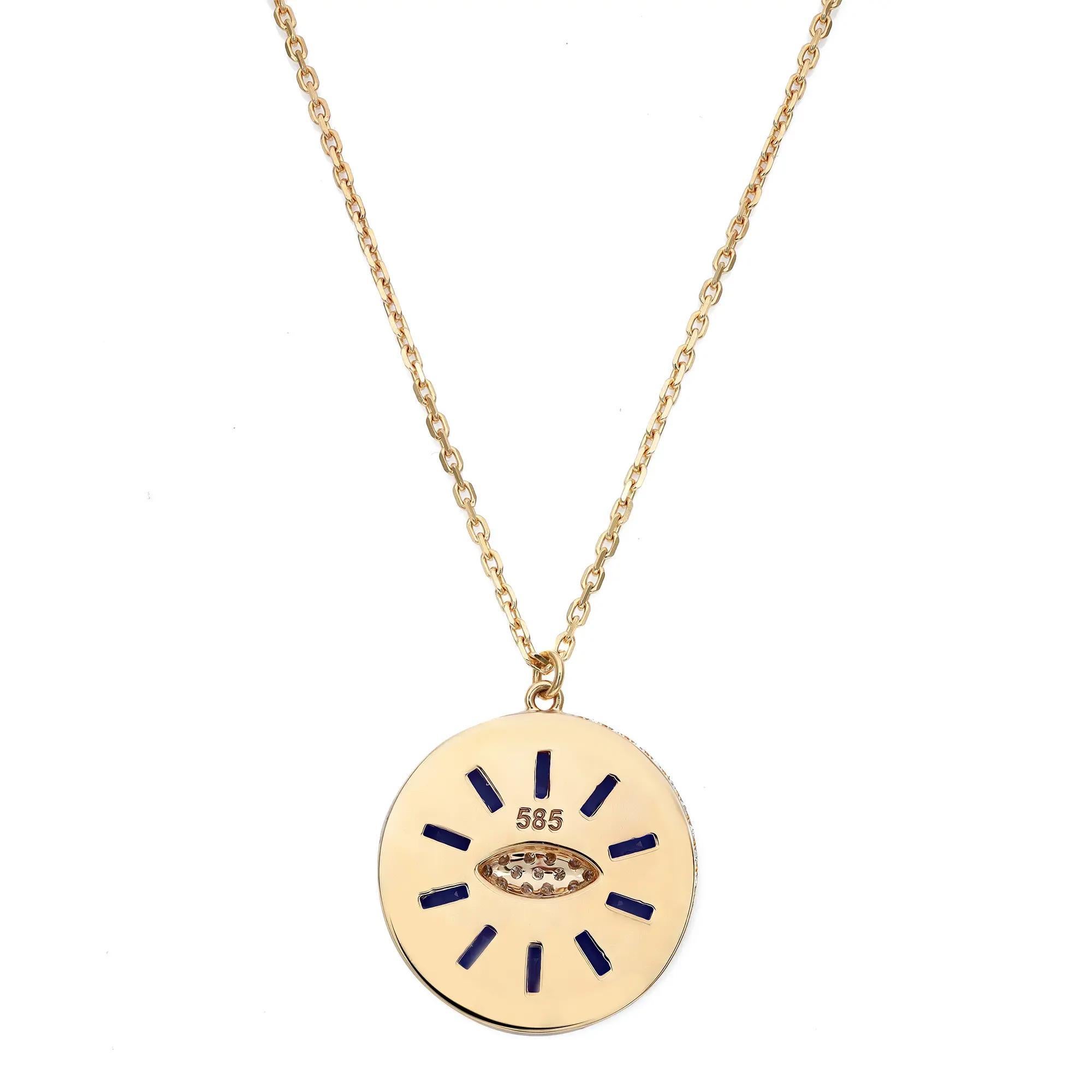 Modern Diamond & Blue Sapphire Evil Eye Pendant Necklace In 14K Yellow Gold   For Sale