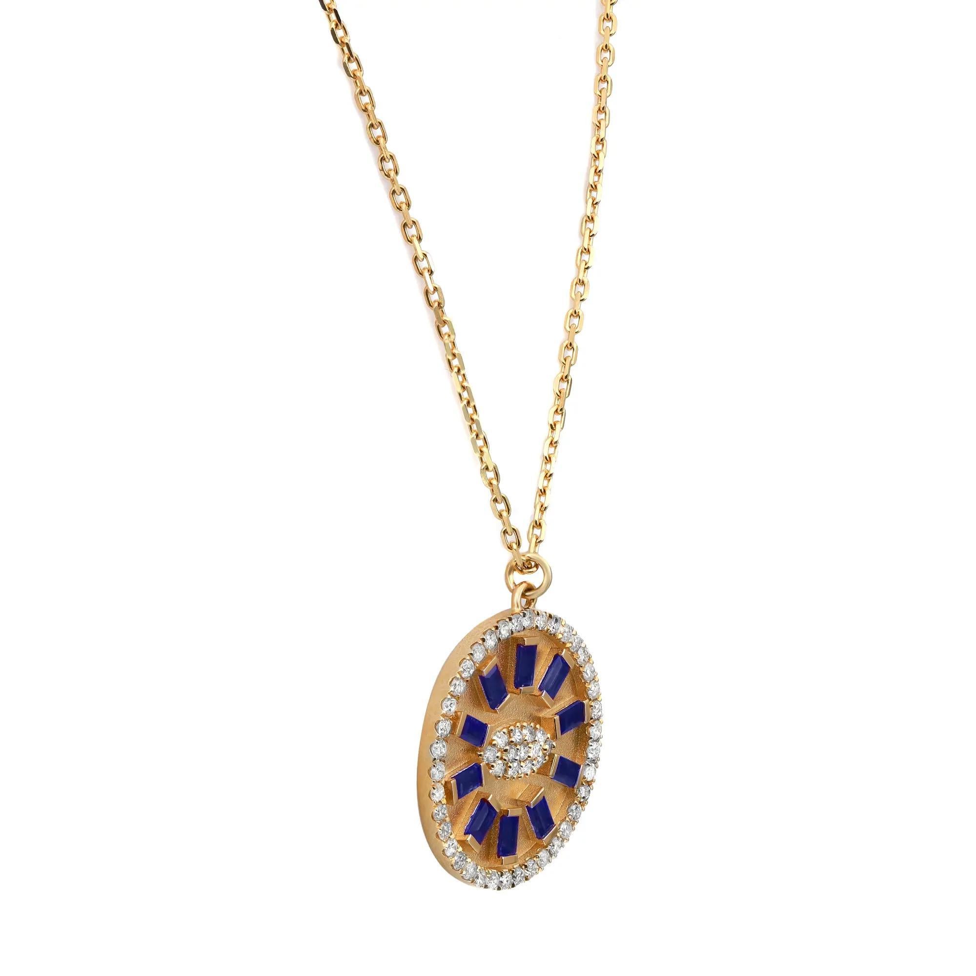 Baguette Cut Diamond & Blue Sapphire Evil Eye Pendant Necklace In 14K Yellow Gold   For Sale